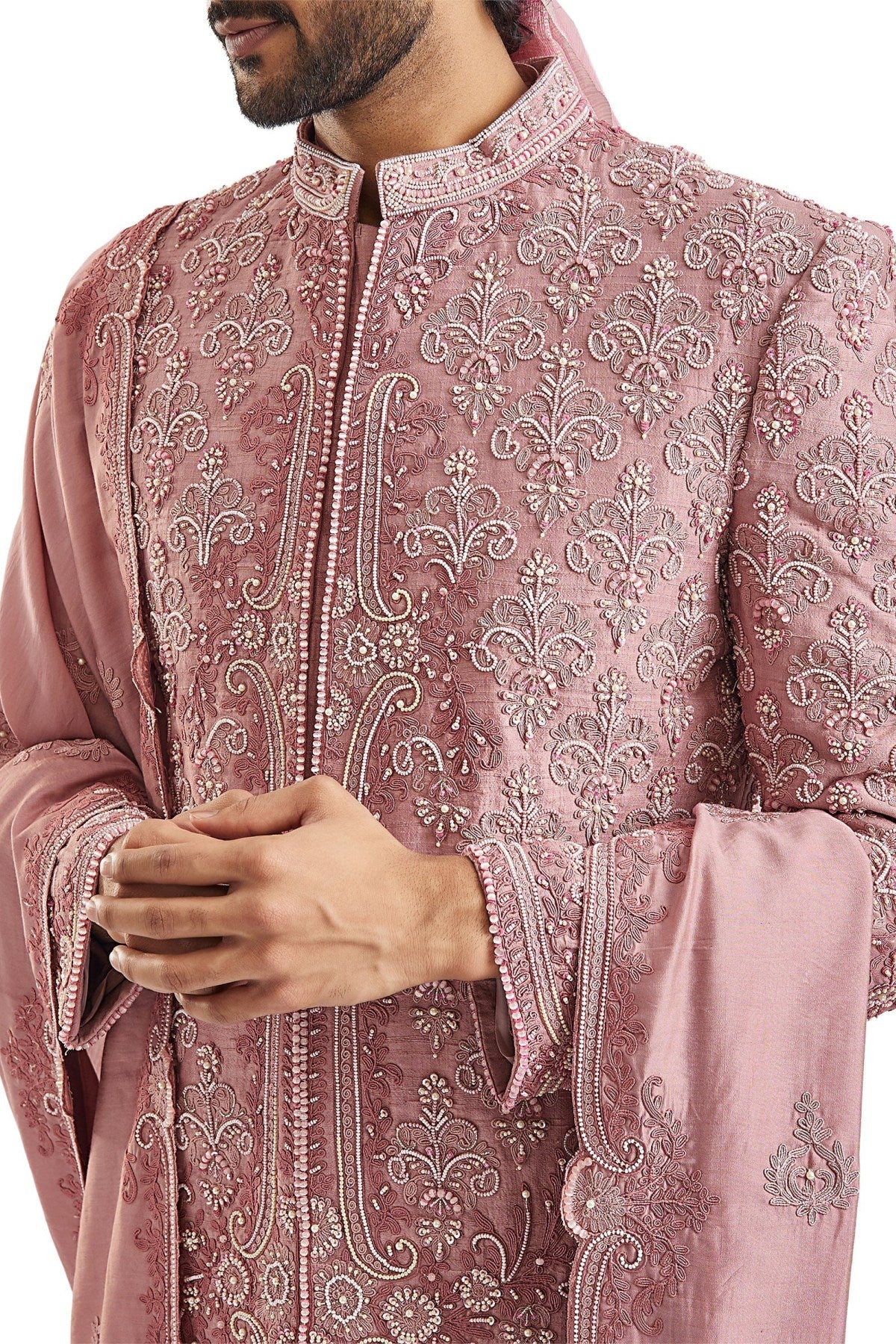 Dusty Pink Self Embroidered Groom Sherwani