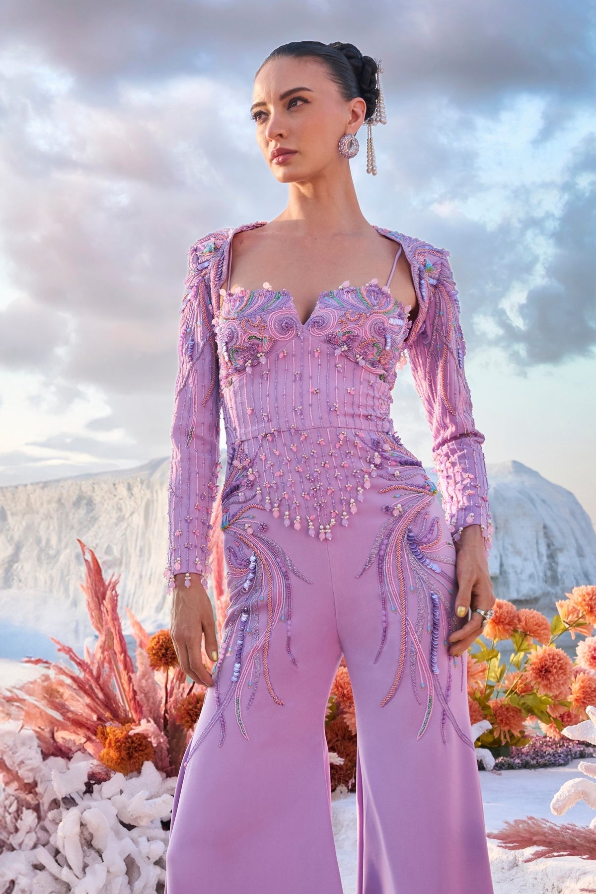 Lilac Embroidered Jumpsuit With Jacket