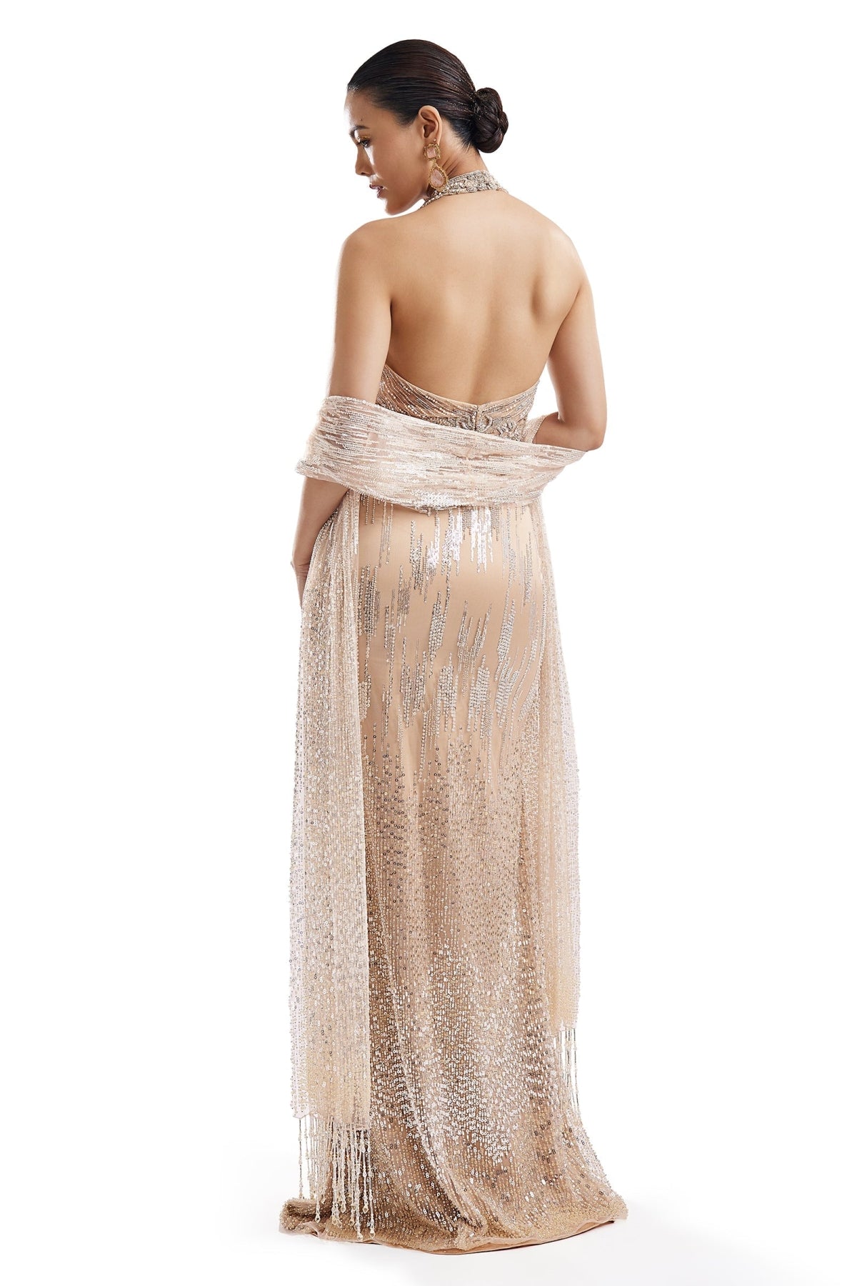 Beige Statement Halter Skirt Set With Dupatta