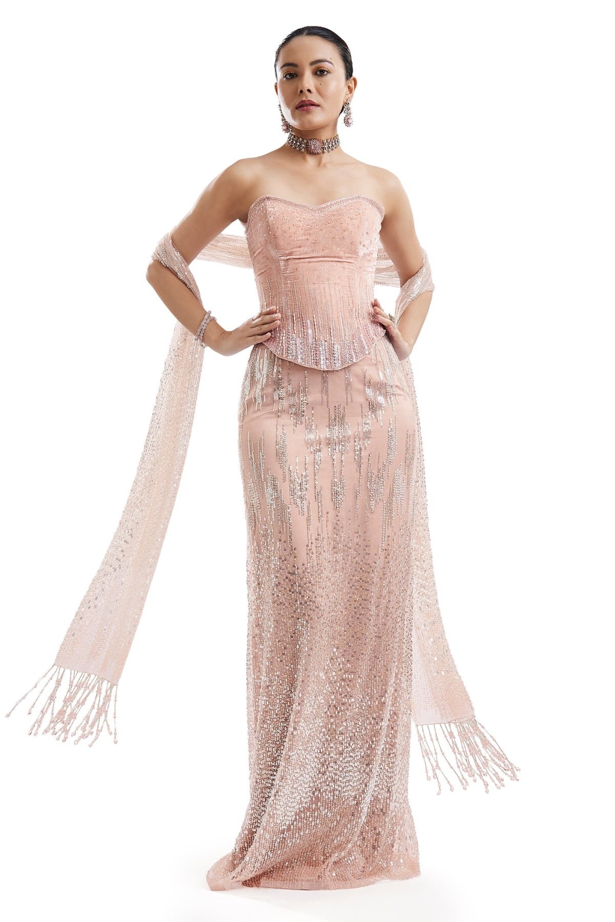 Peach Velvet Corset Lehenga With Embellished Dupatta