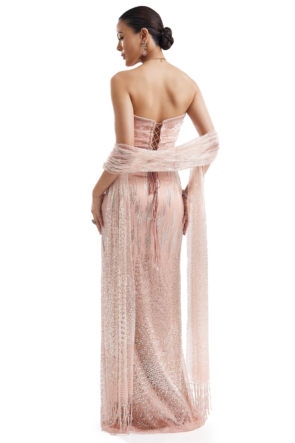 Peach Velvet Corset Lehenga With Embellished Dupatta