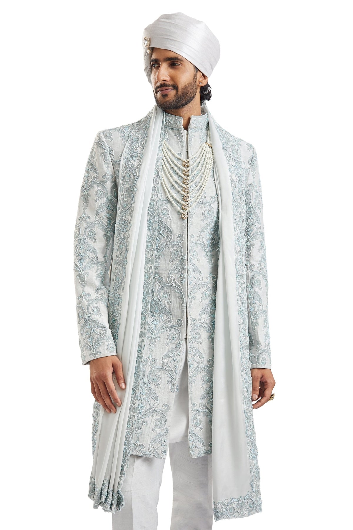 Powder Blue Self Embroidered Groom Sherwani