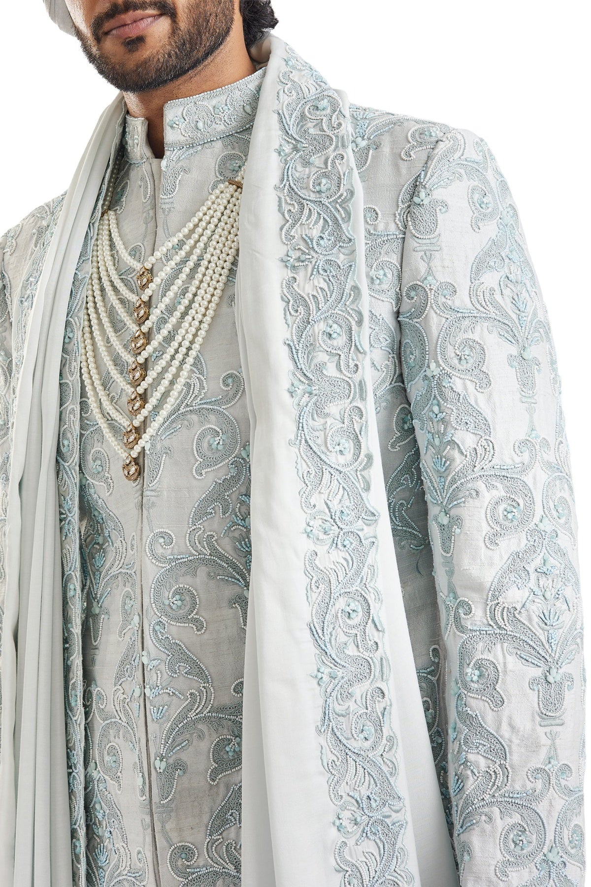 Powder Blue Self Embroidered Groom Sherwani