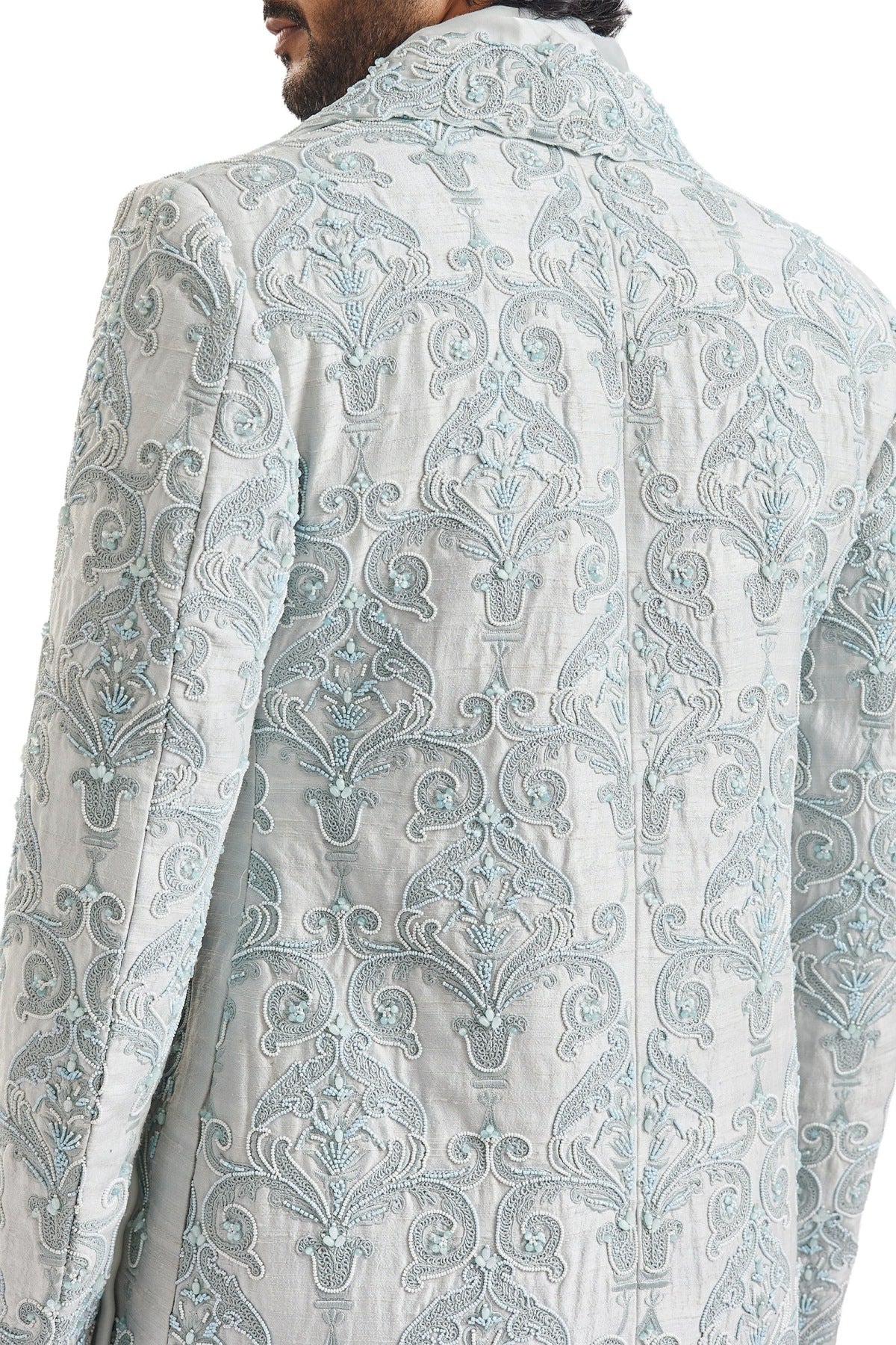 Powder Blue Self Embroidered Groom Sherwani