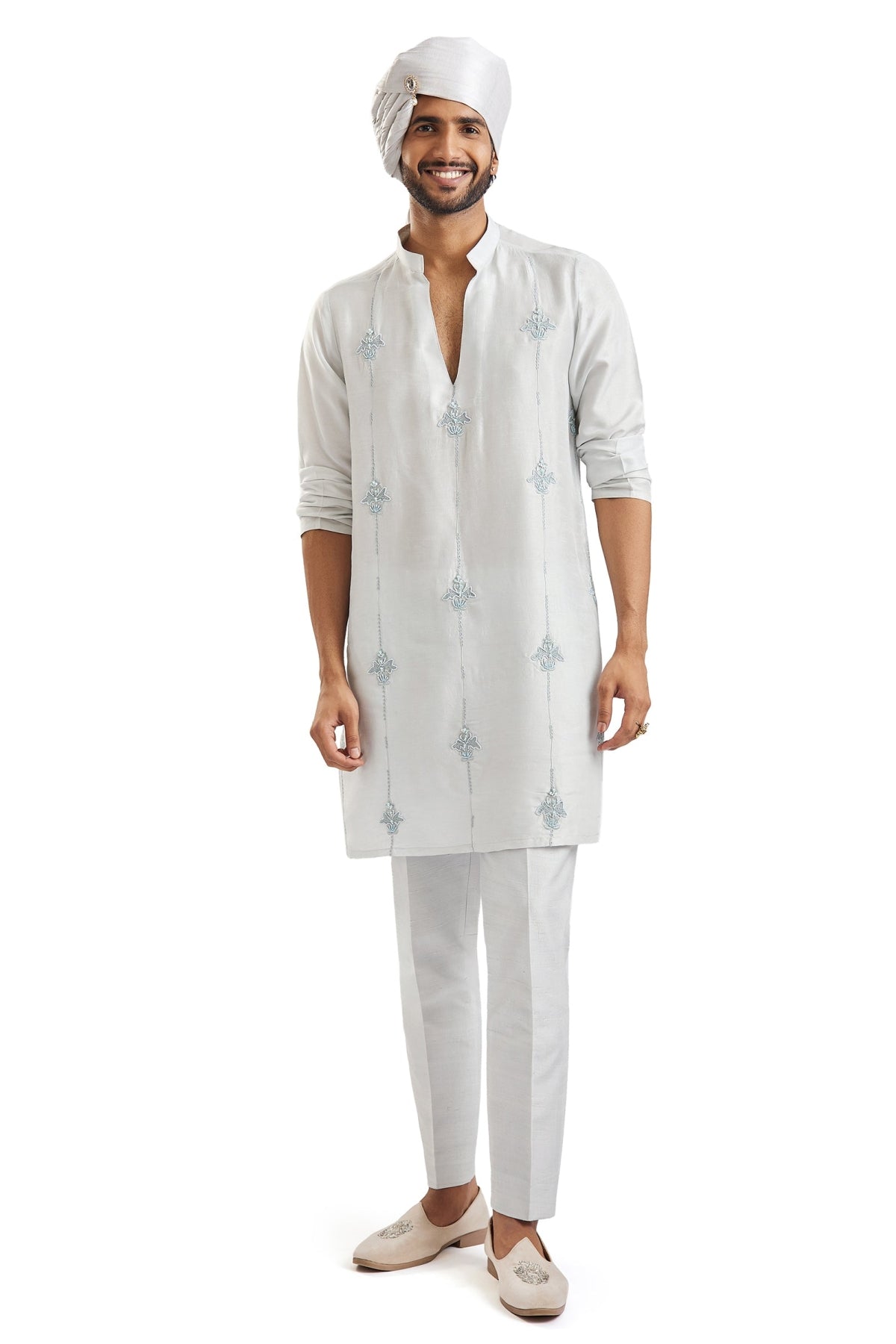 Powder Blue Self Embroidered Groom Sherwani