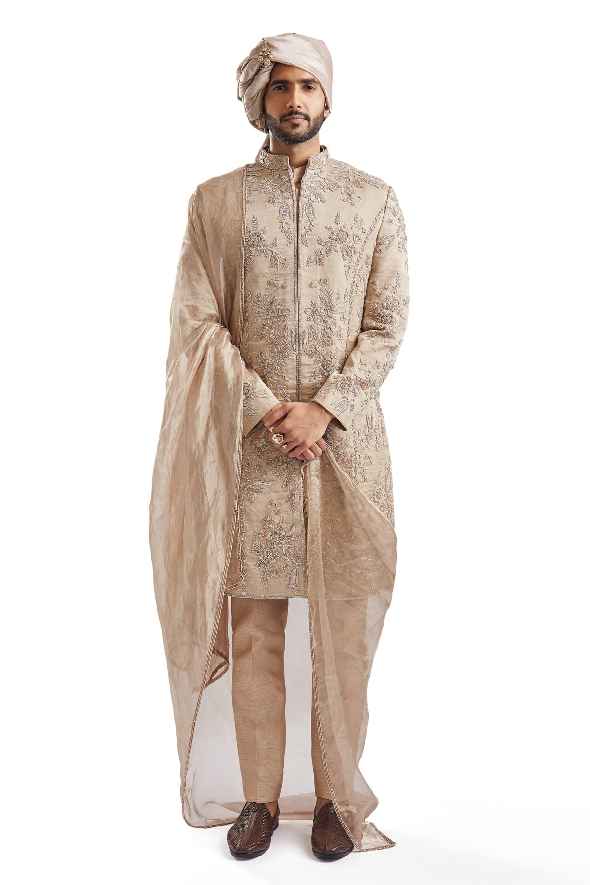 Beige Tussar Intricately Embroidered Sherwani