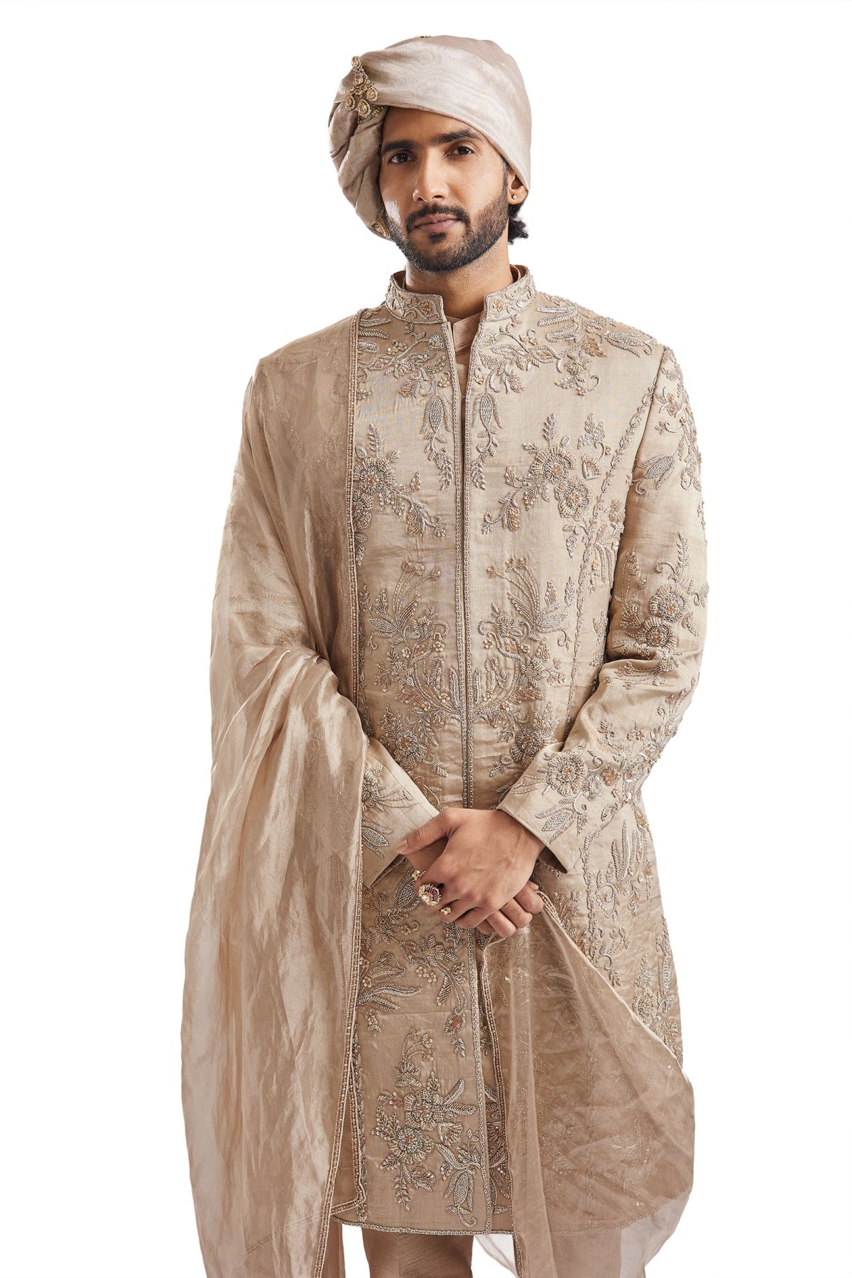 Beige Tussar Intricately Embroidered Sherwani