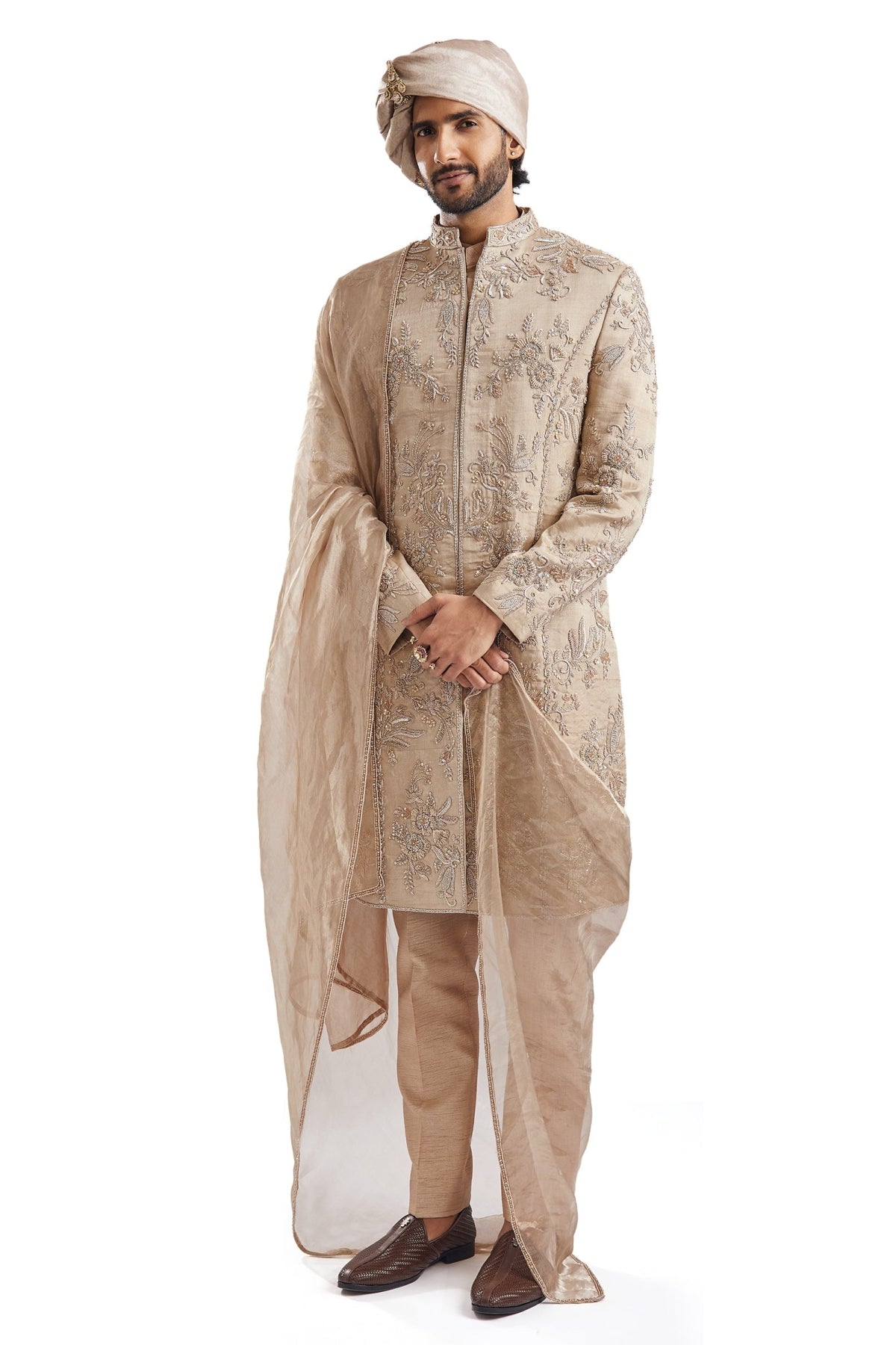 Beige Tussar Intricately Embroidered Sherwani