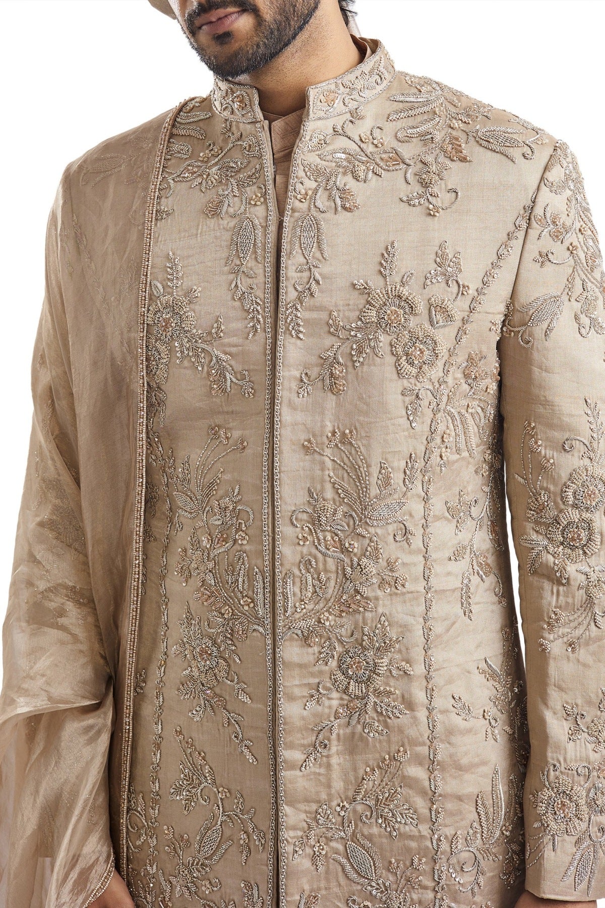 Beige Tussar Intricately Embroidered Sherwani