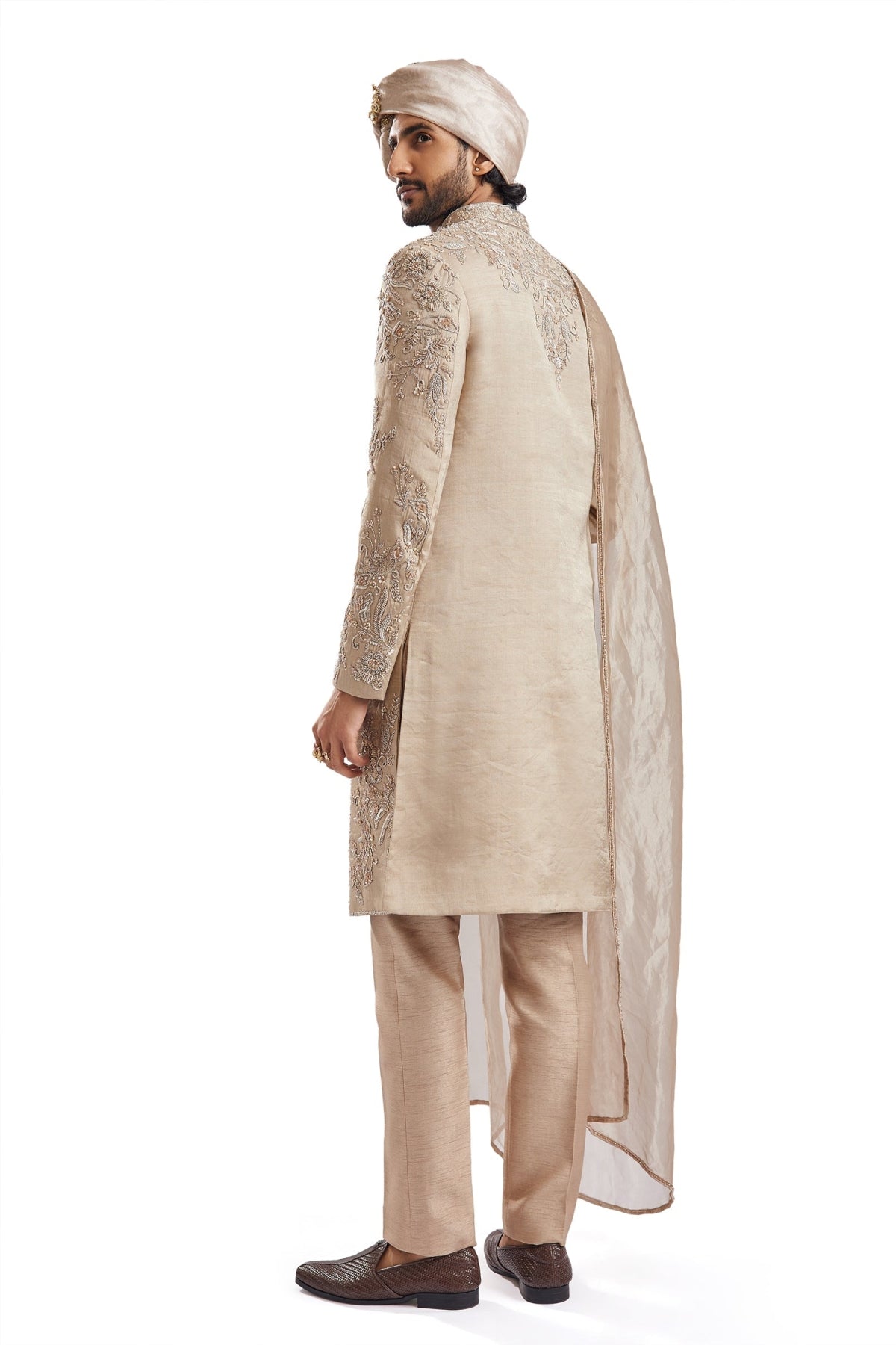 Beige Tussar Intricately Embroidered Sherwani