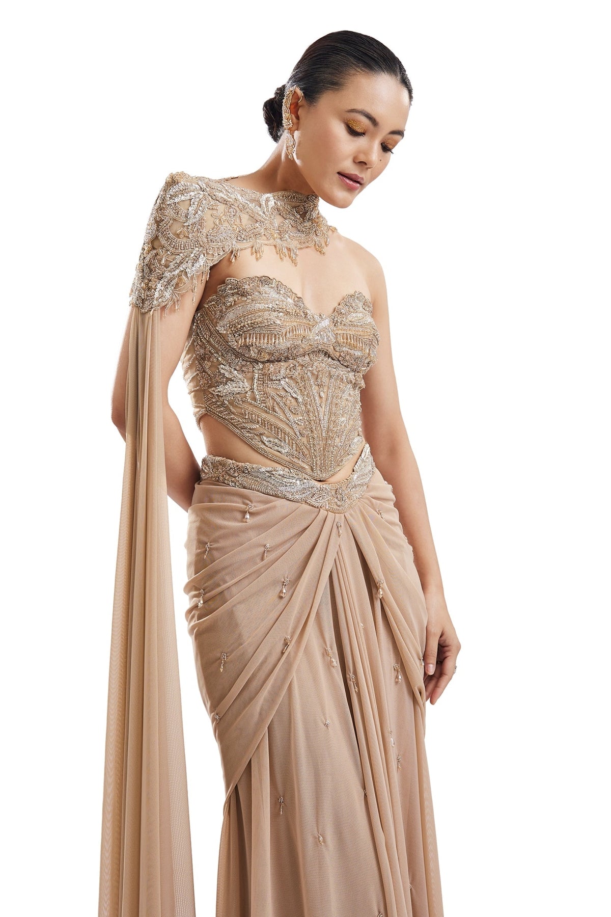 Gold Embroidered Drape Skirt Set With Sweetheart Blouse