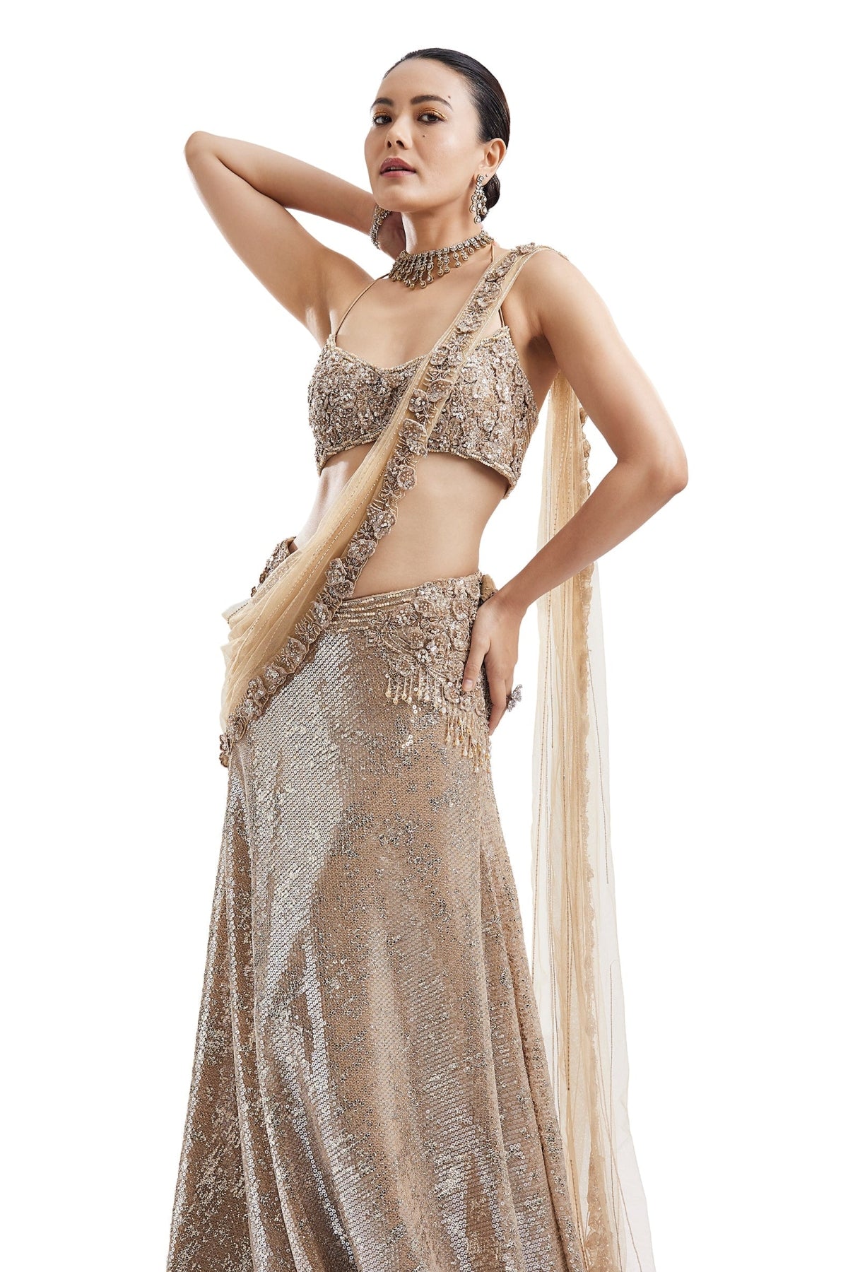 Gold Detachable Drape Saree Skirt Set