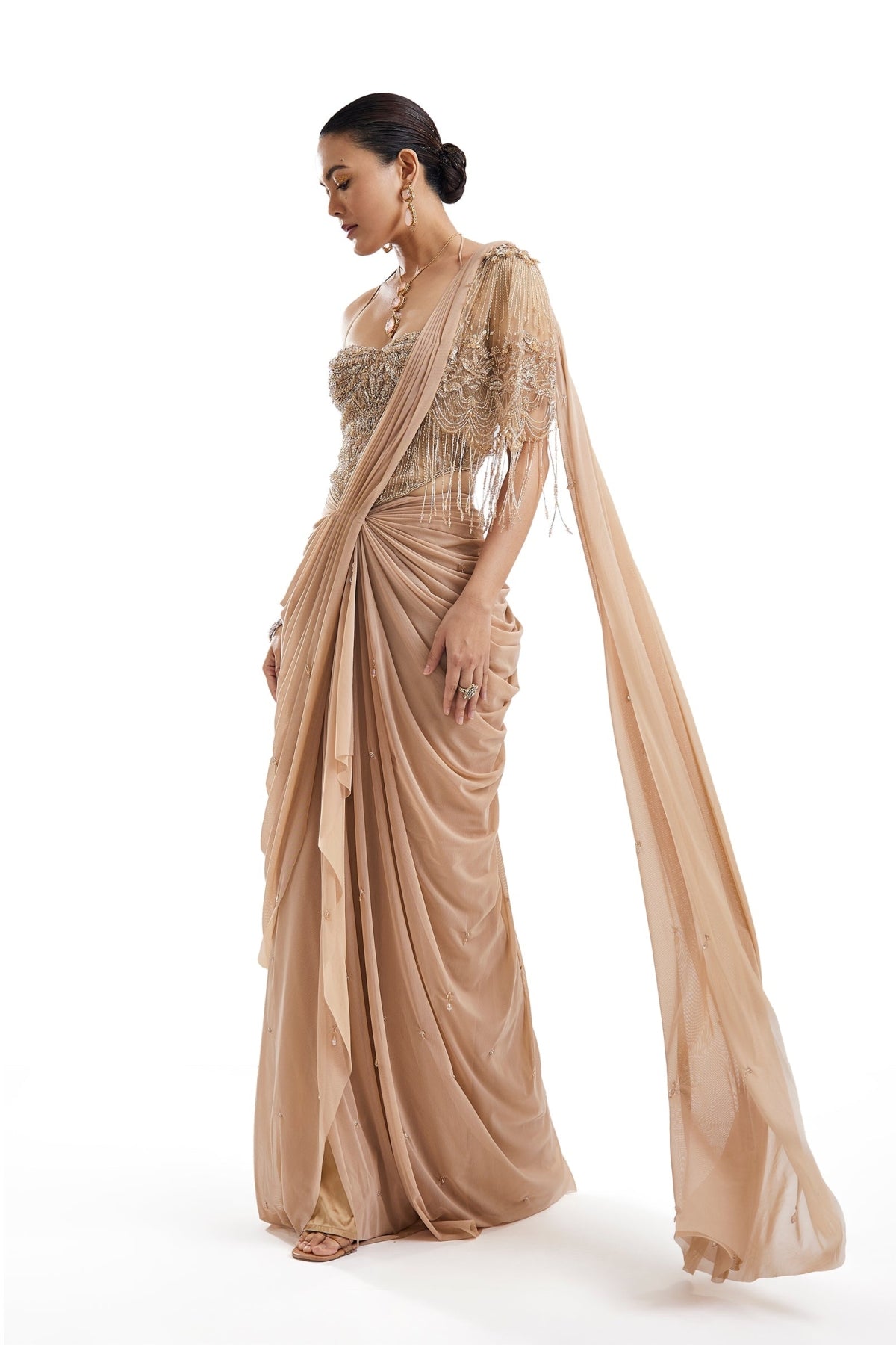 Gold Ready Pleated Saree With Halter Blouse