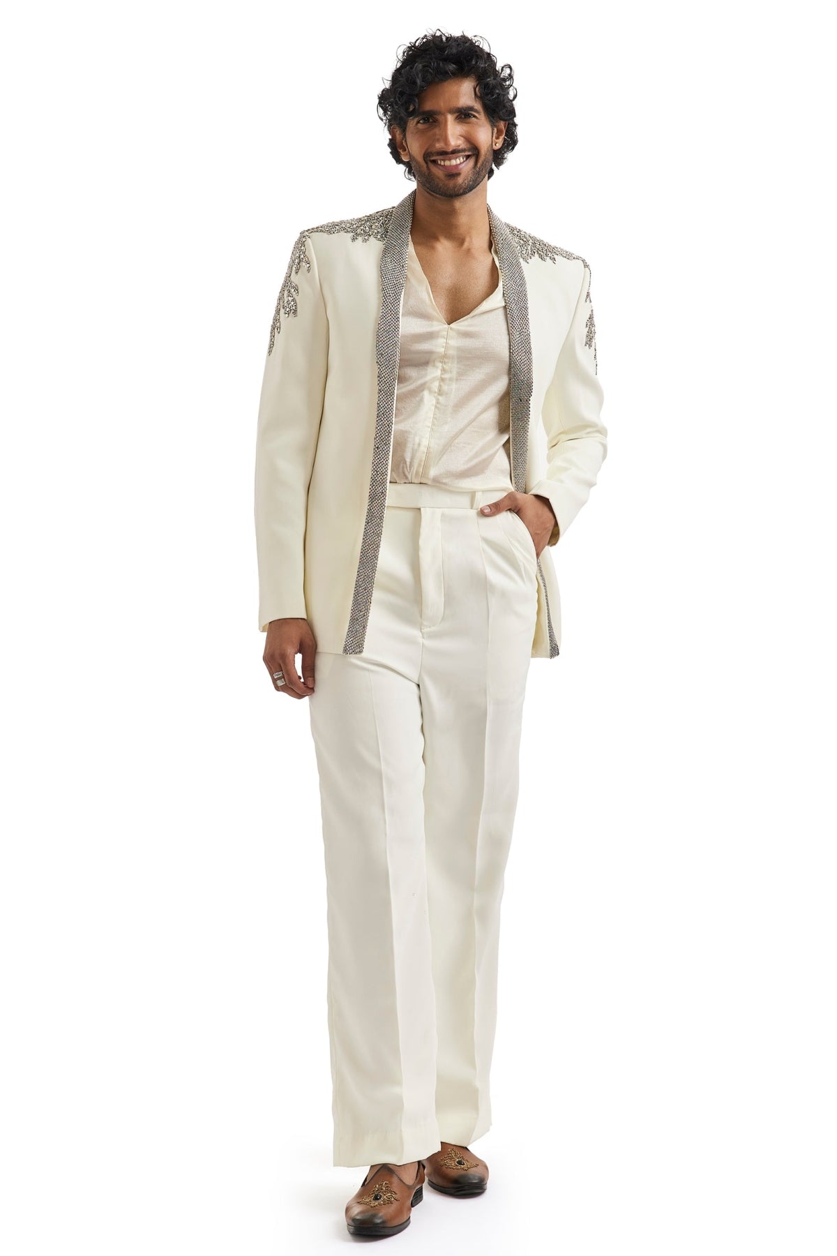 Ivory Tuxedo Set With Metallic Embroidered Blazer