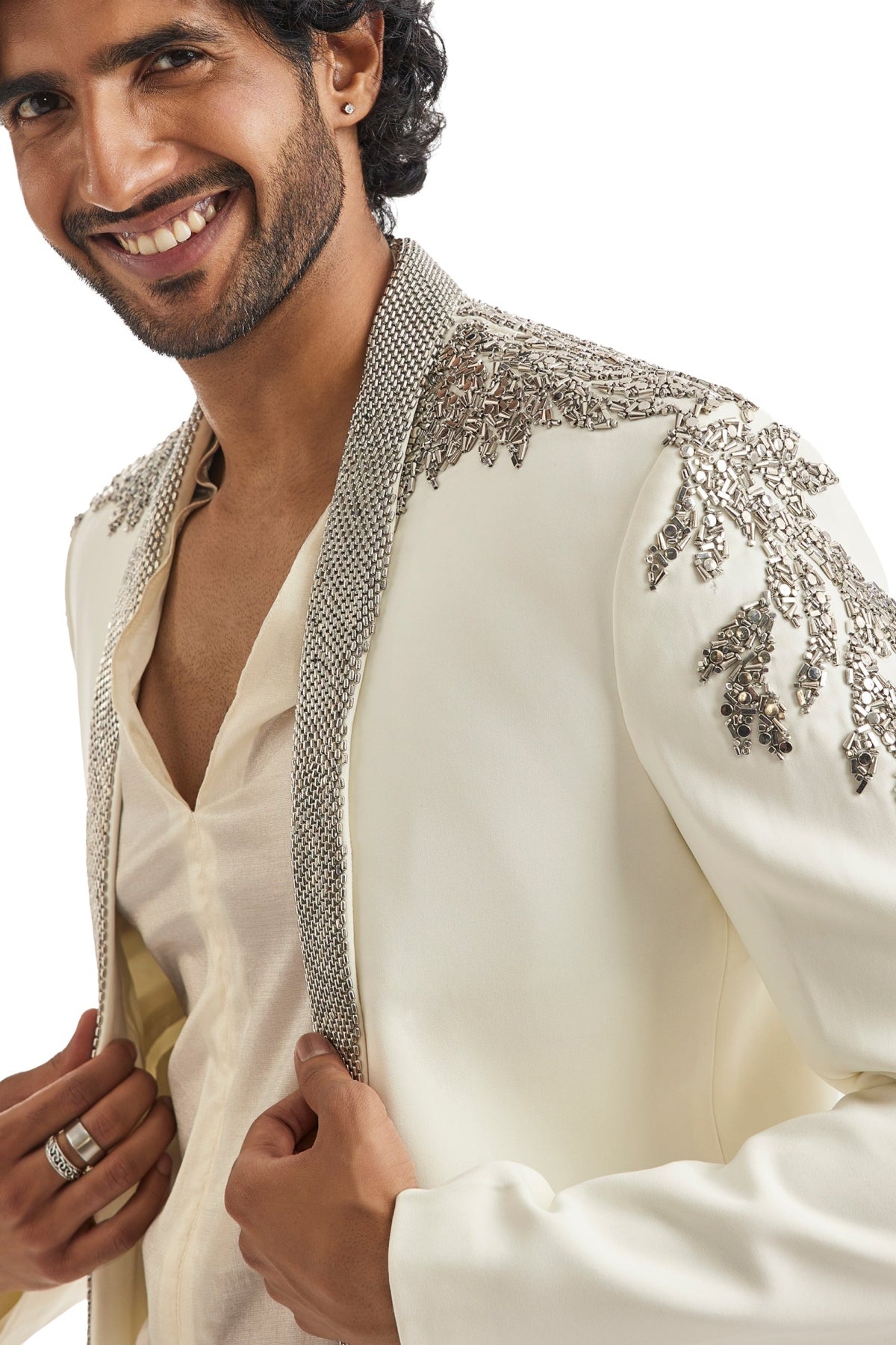 Ivory Tuxedo Set With Metallic Embroidered Blazer