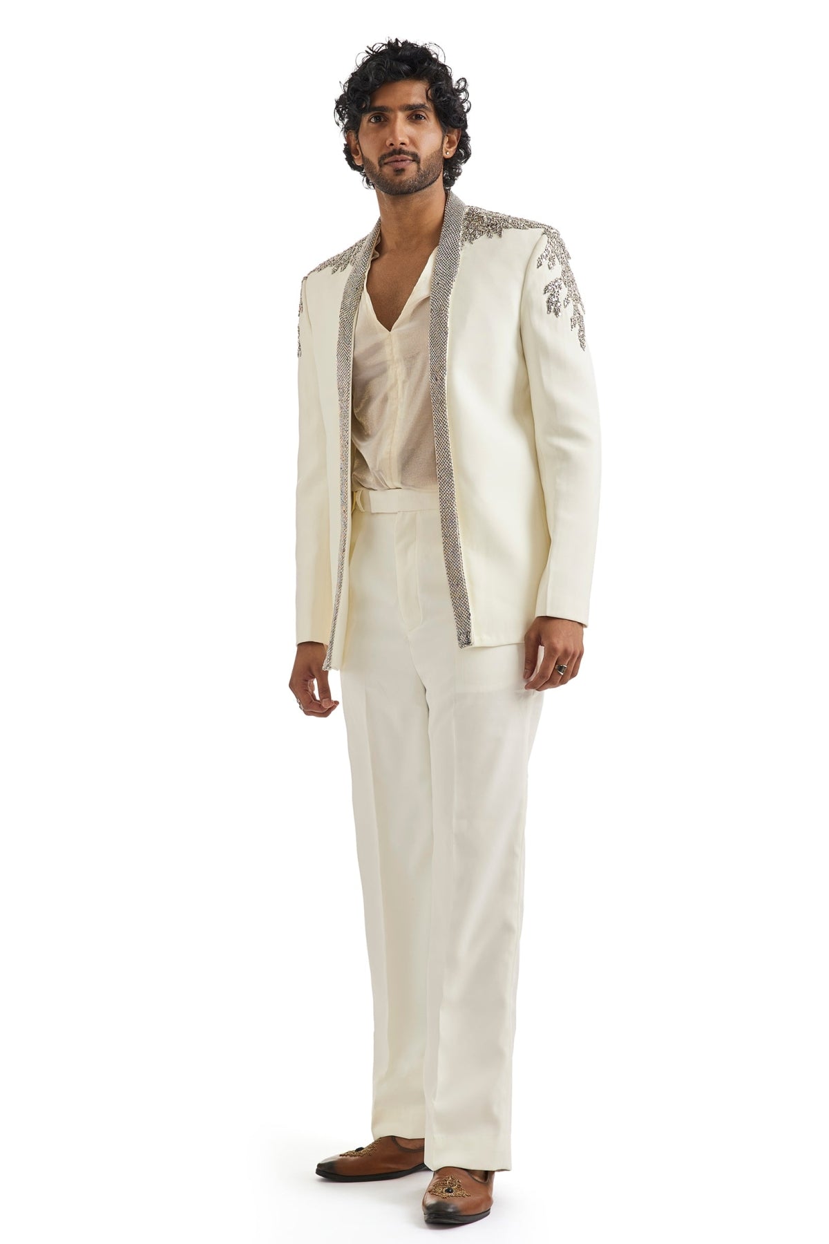 Ivory Tuxedo Set With Metallic Embroidered Blazer