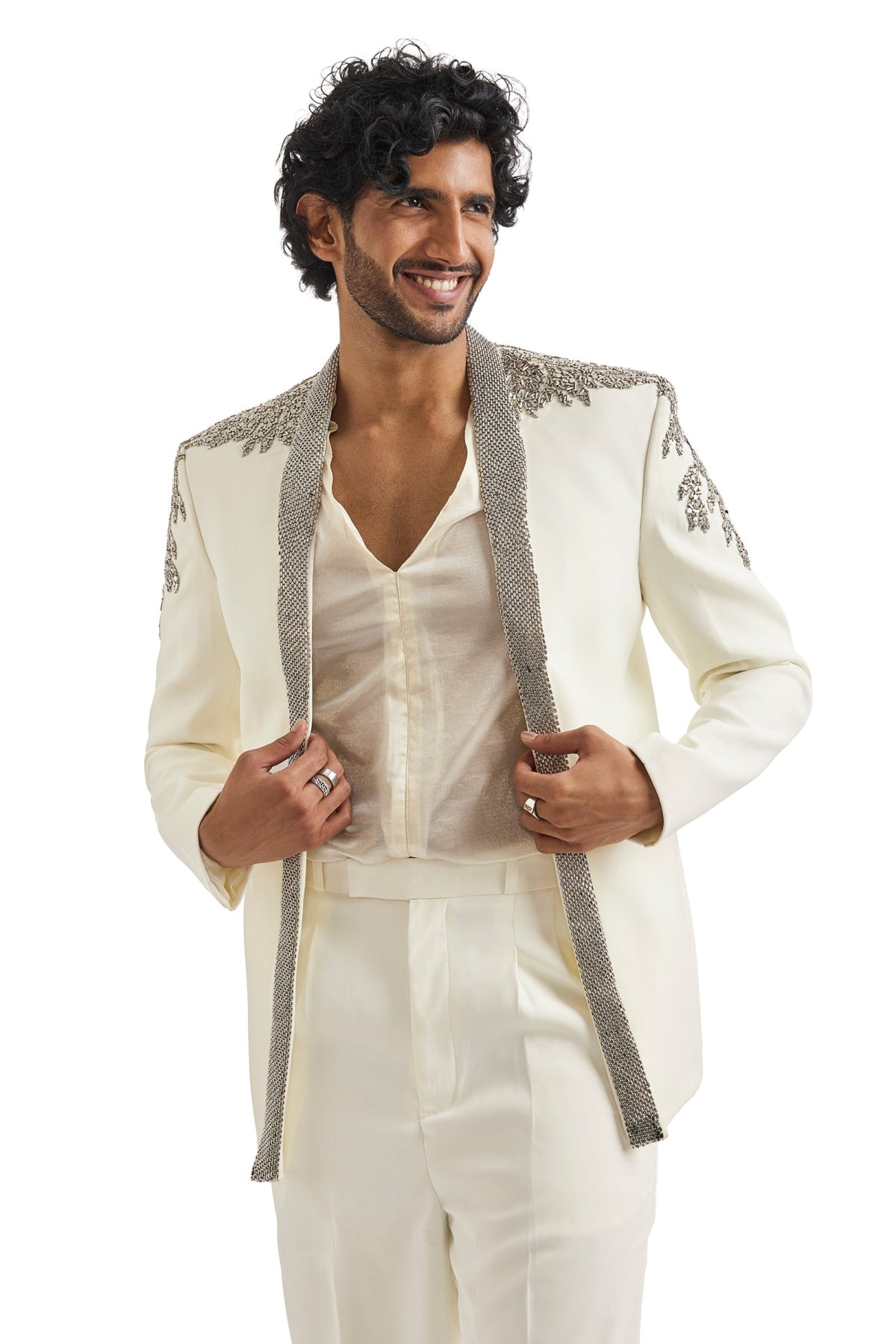 Ivory Tuxedo Set With Metallic Embroidered Blazer