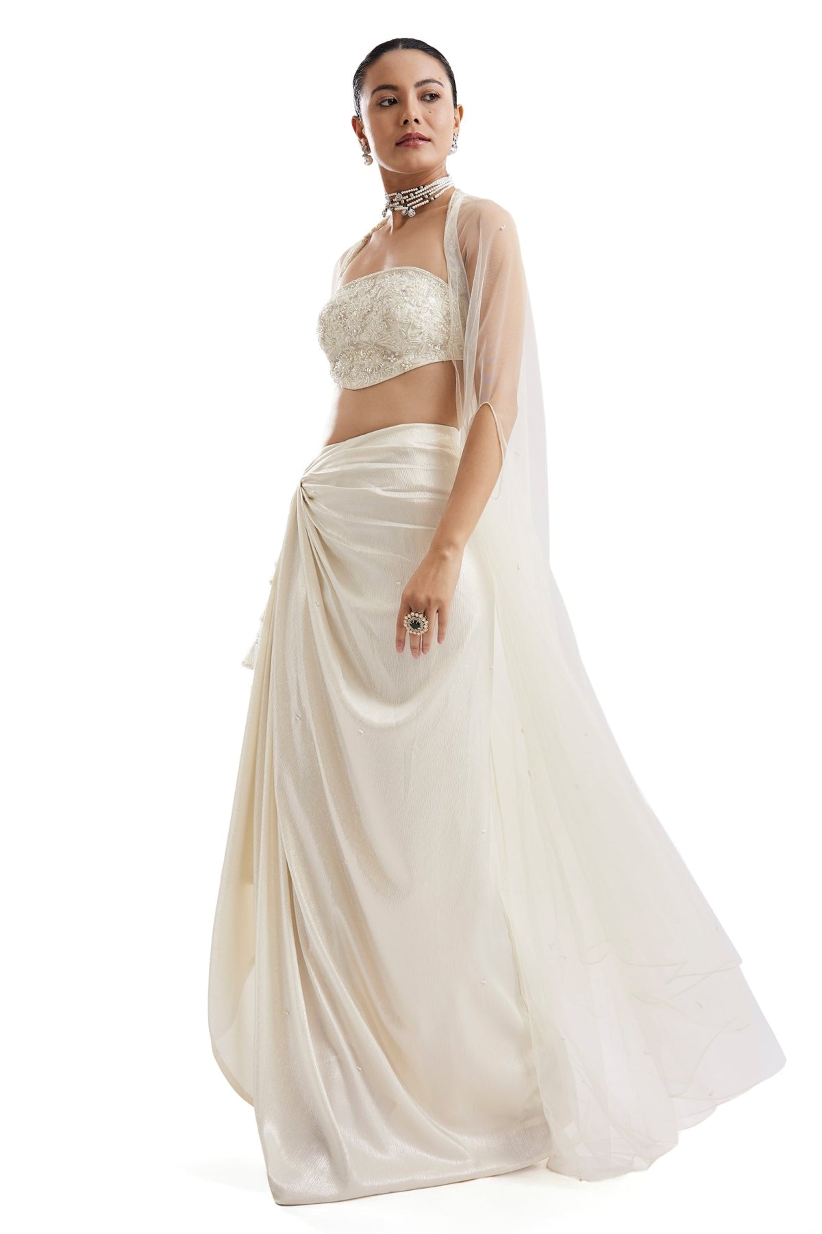 Ivory Embroidered Drape Skirt Set With Cape