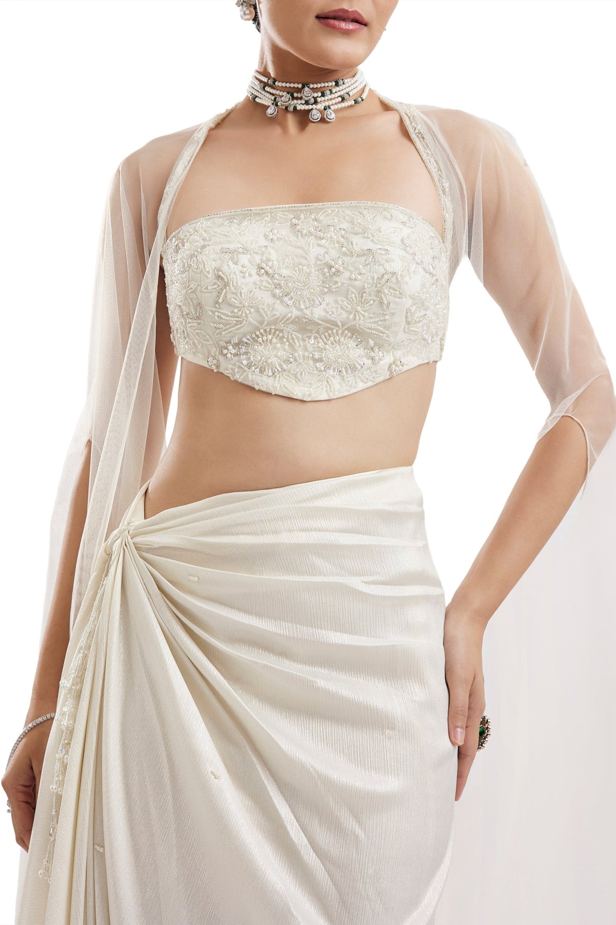 Ivory Embroidered Drape Skirt Set With Cape