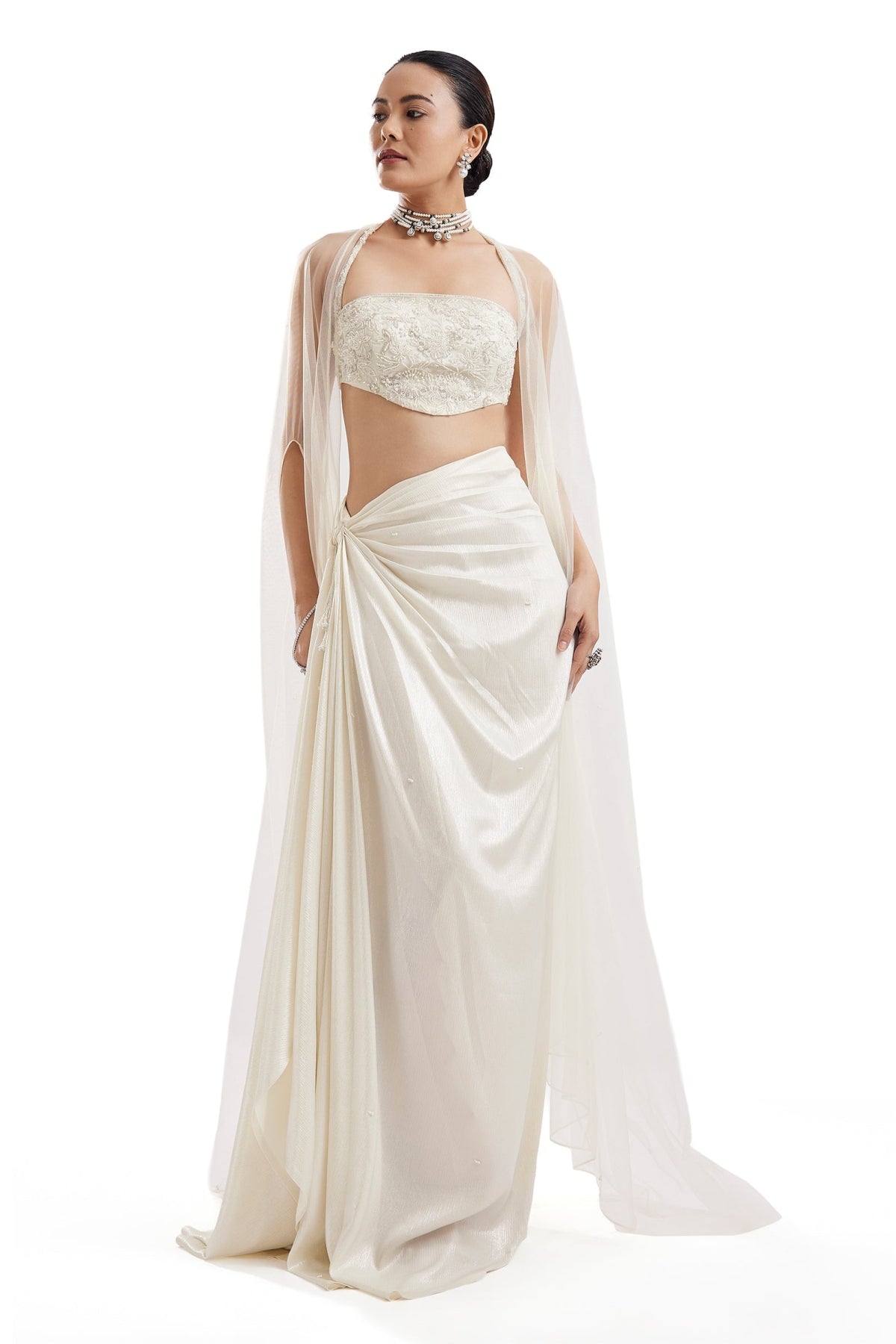 Ivory Embroidered Drape Skirt Set With Cape