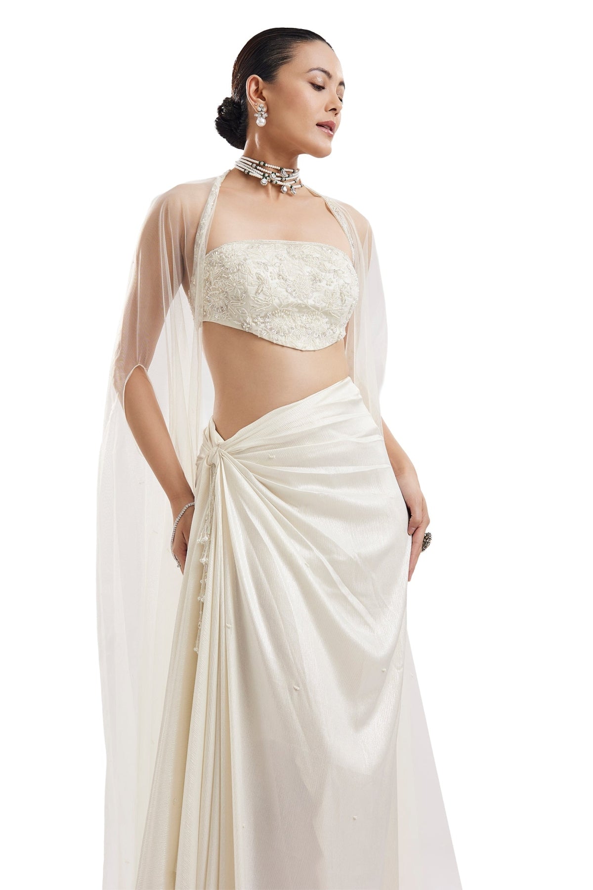 Ivory Embroidered Drape Skirt Set With Cape