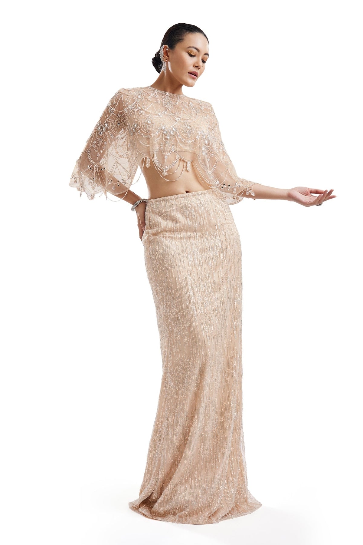 Beige Embellished Cape Crop Top Skirt Set