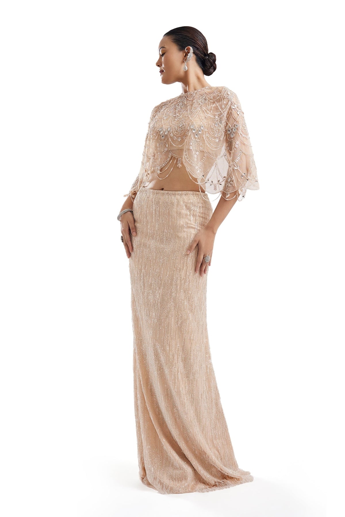 Beige Embellished Cape Crop Top Skirt Set