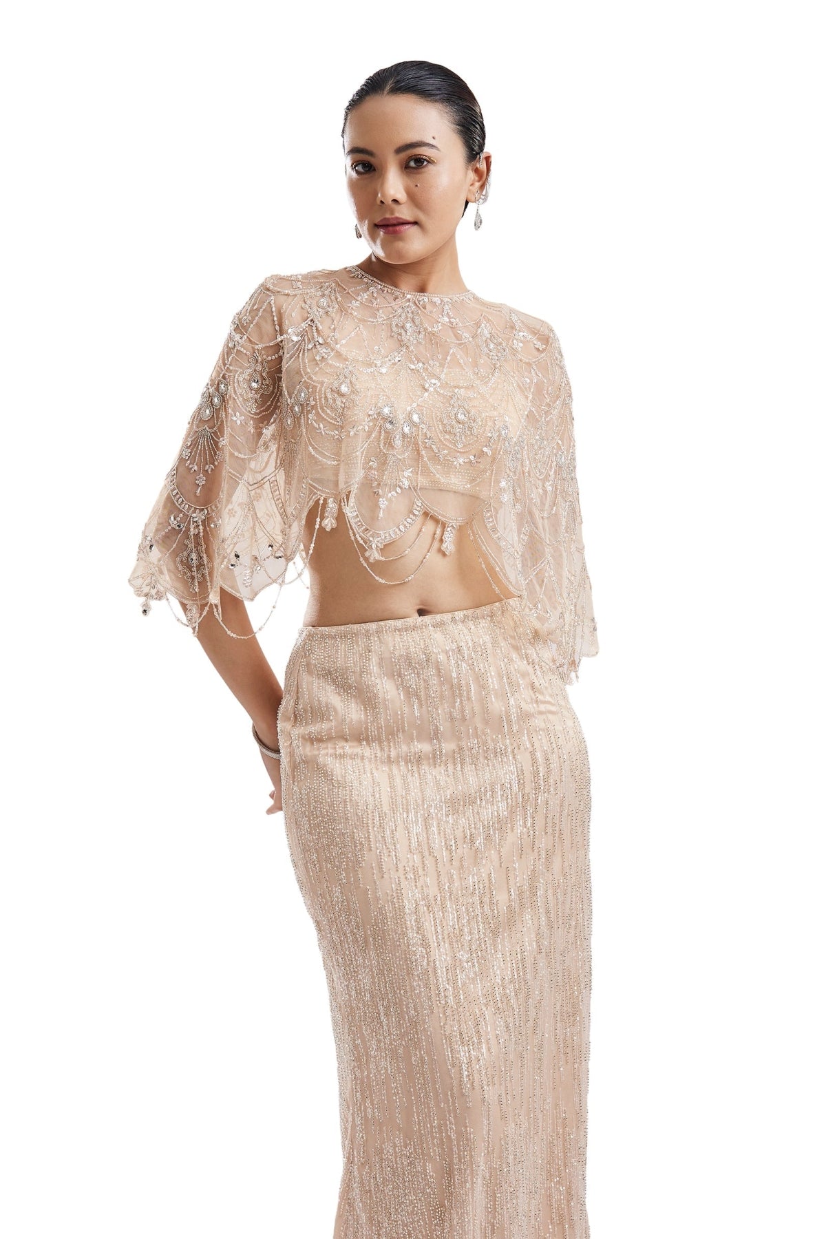 Beige Embellished Cape Crop Top Skirt Set
