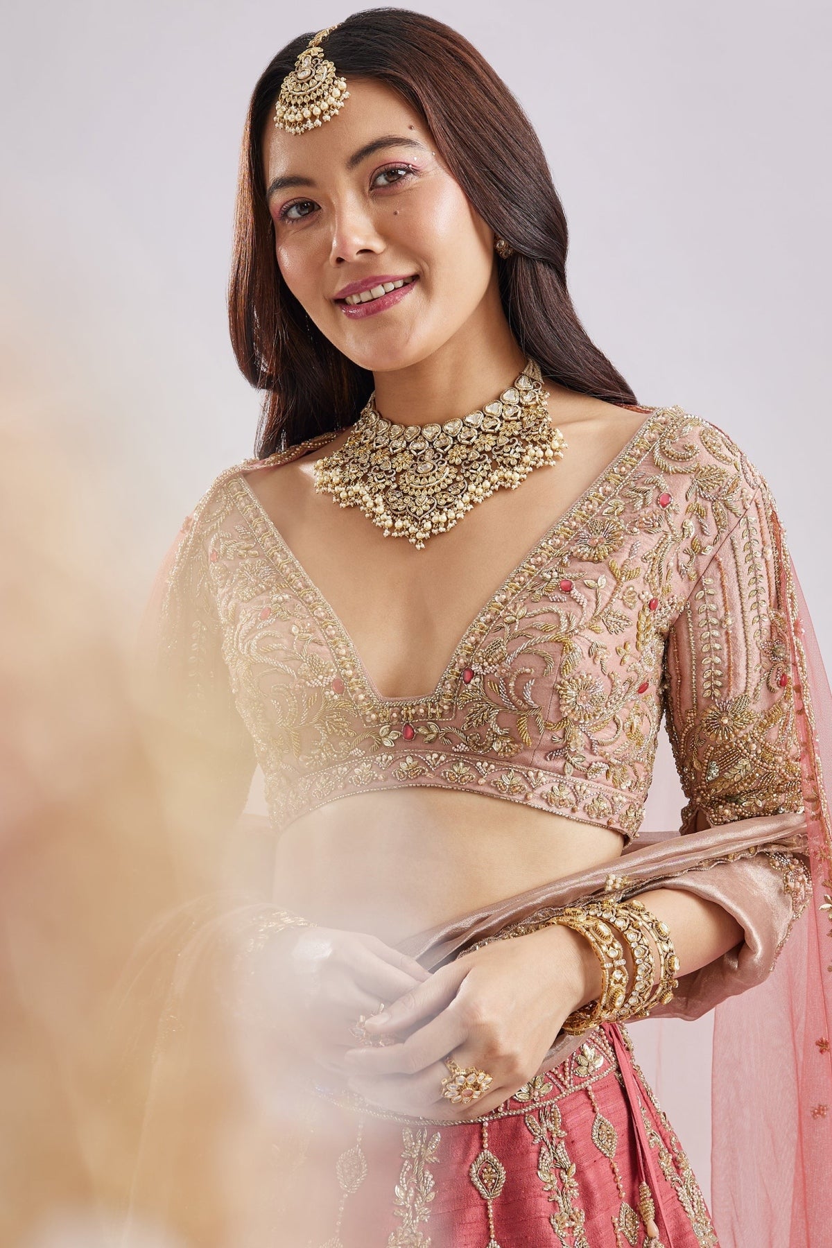 Scalloped Pink Lehenga With Dual Blouses