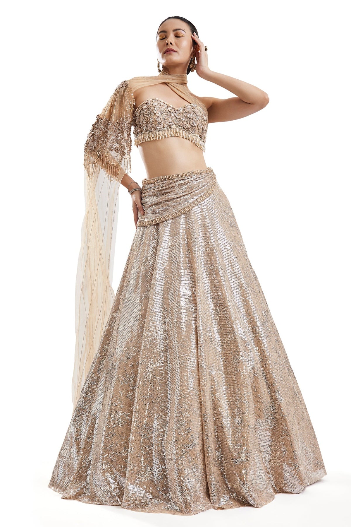 Gold Embroidered Lehenga With Attached Drape Cape