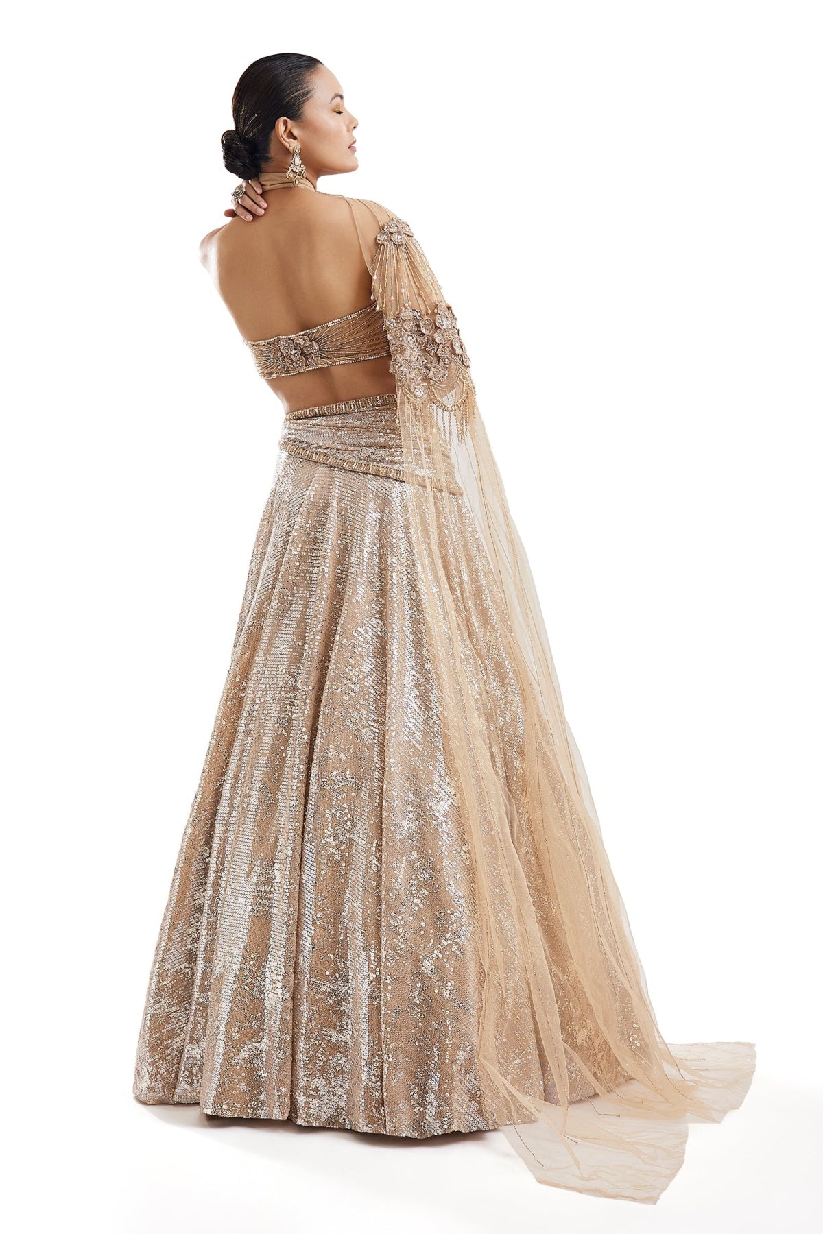 Gold Embroidered Lehenga With Attached Drape Cape