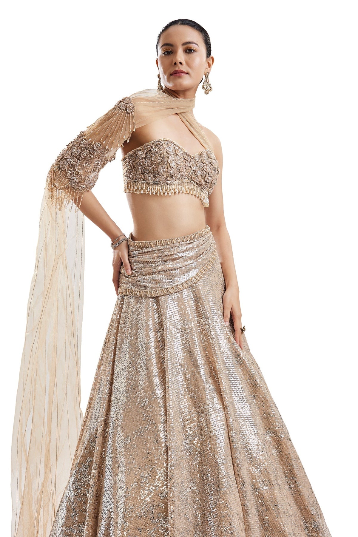Gold Embroidered Lehenga With Attached Drape Cape