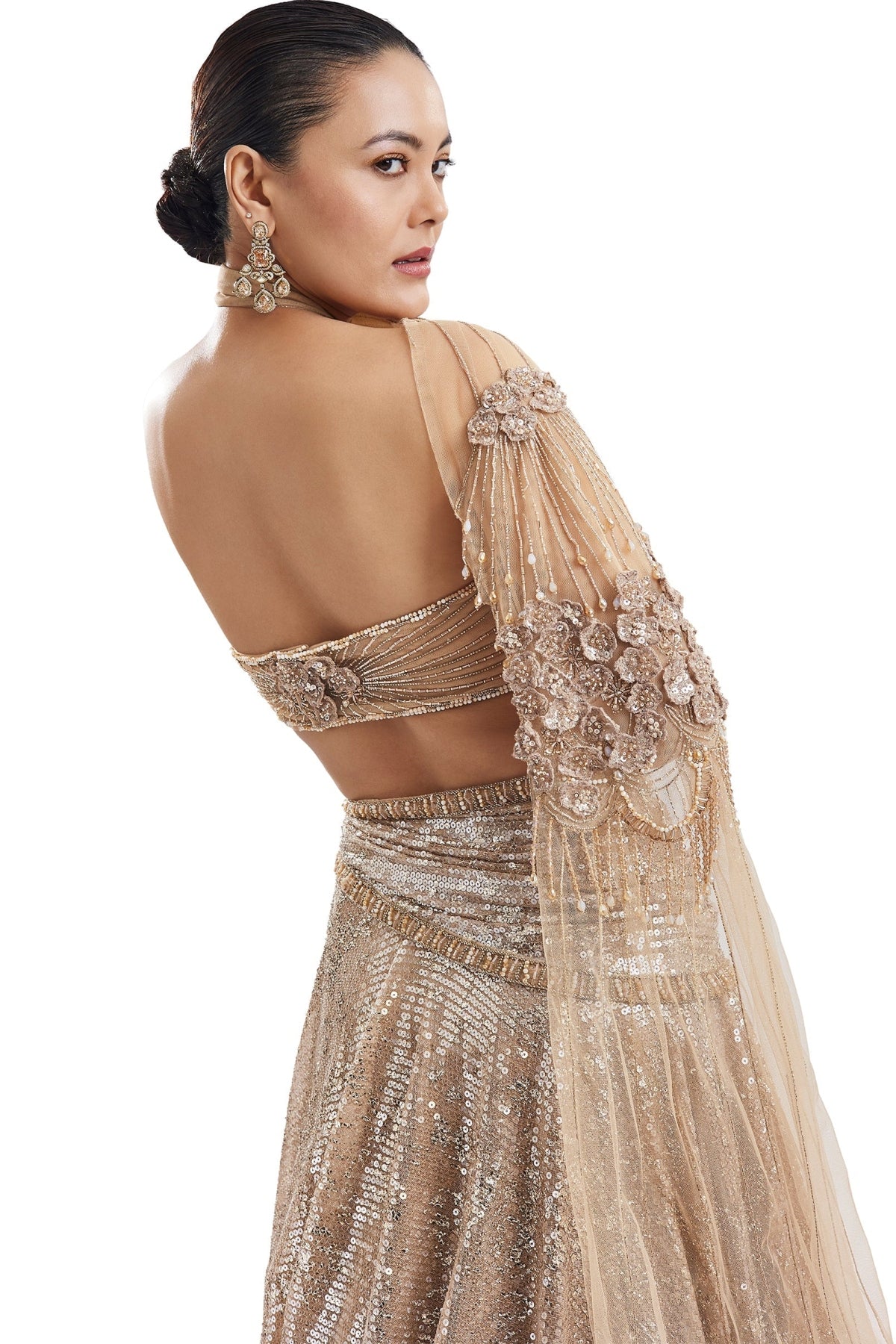 Gold Embroidered Lehenga With Attached Drape Cape