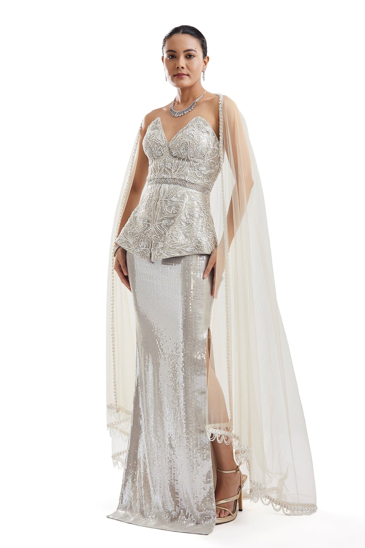 Grey Embellished Corset Skirt Set With Cape