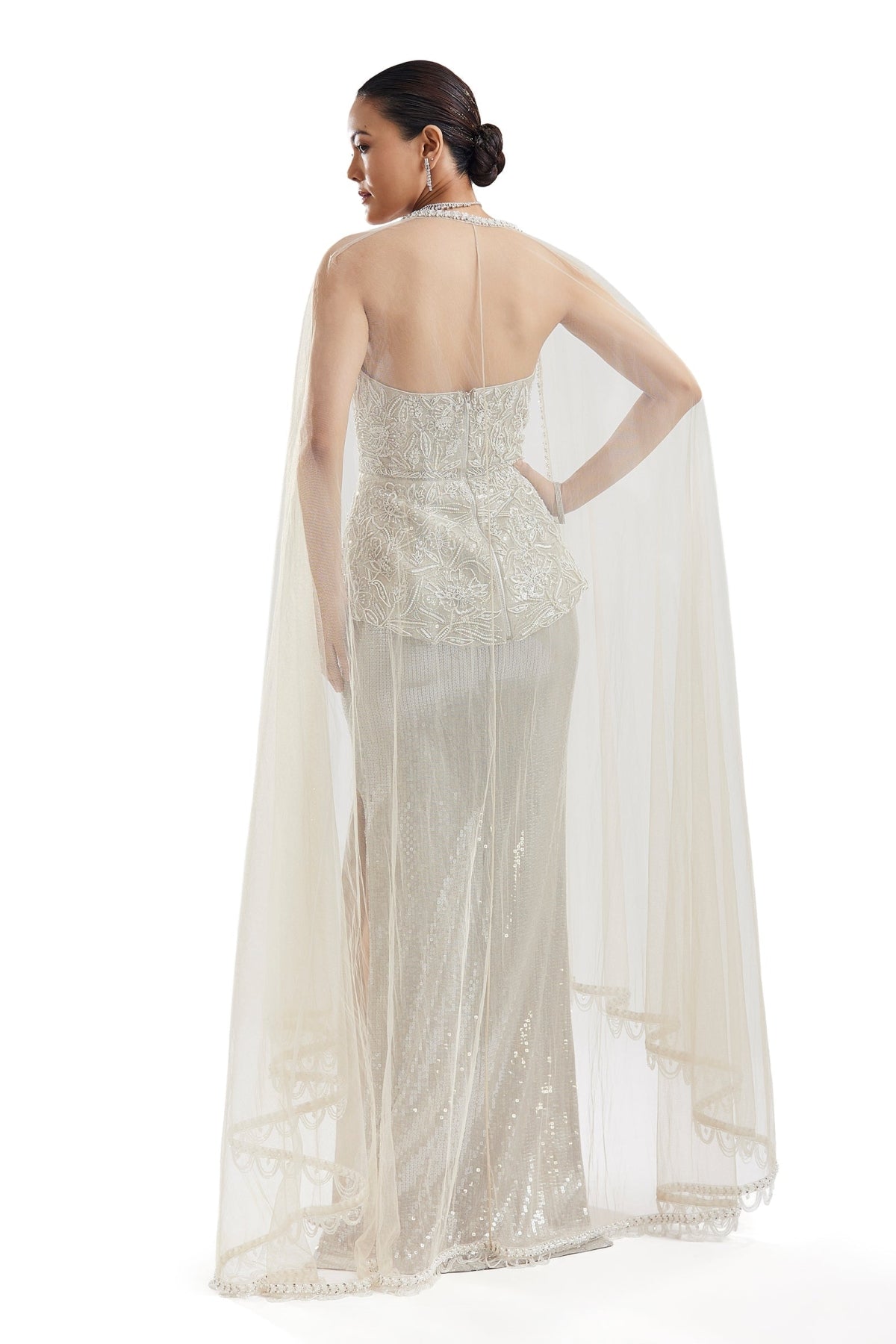 Grey Embellished Corset Skirt Set With Cape