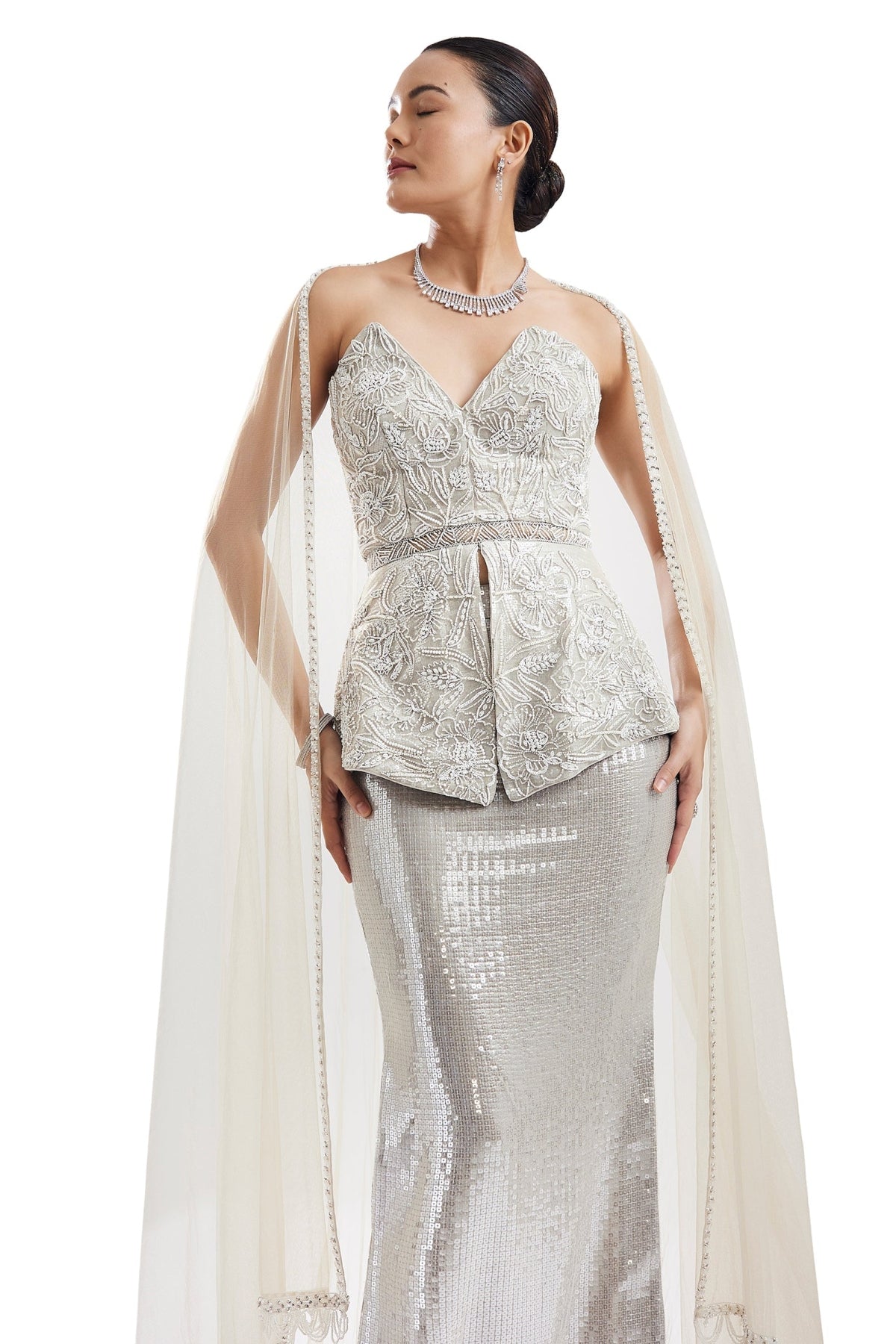 Grey Embellished Corset Skirt Set With Cape