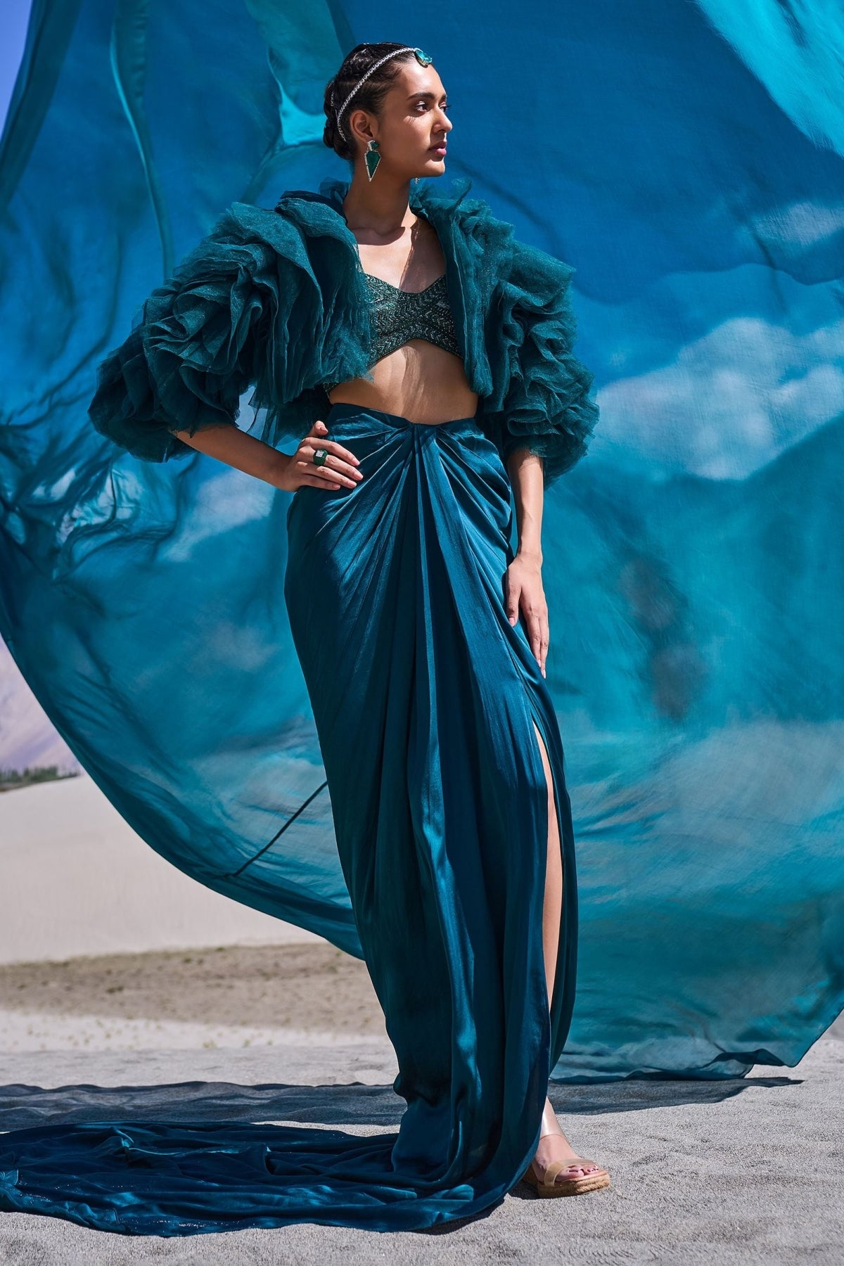 Peacock Green Satin Pre Draped Skirt Set With Ruffle Jacket