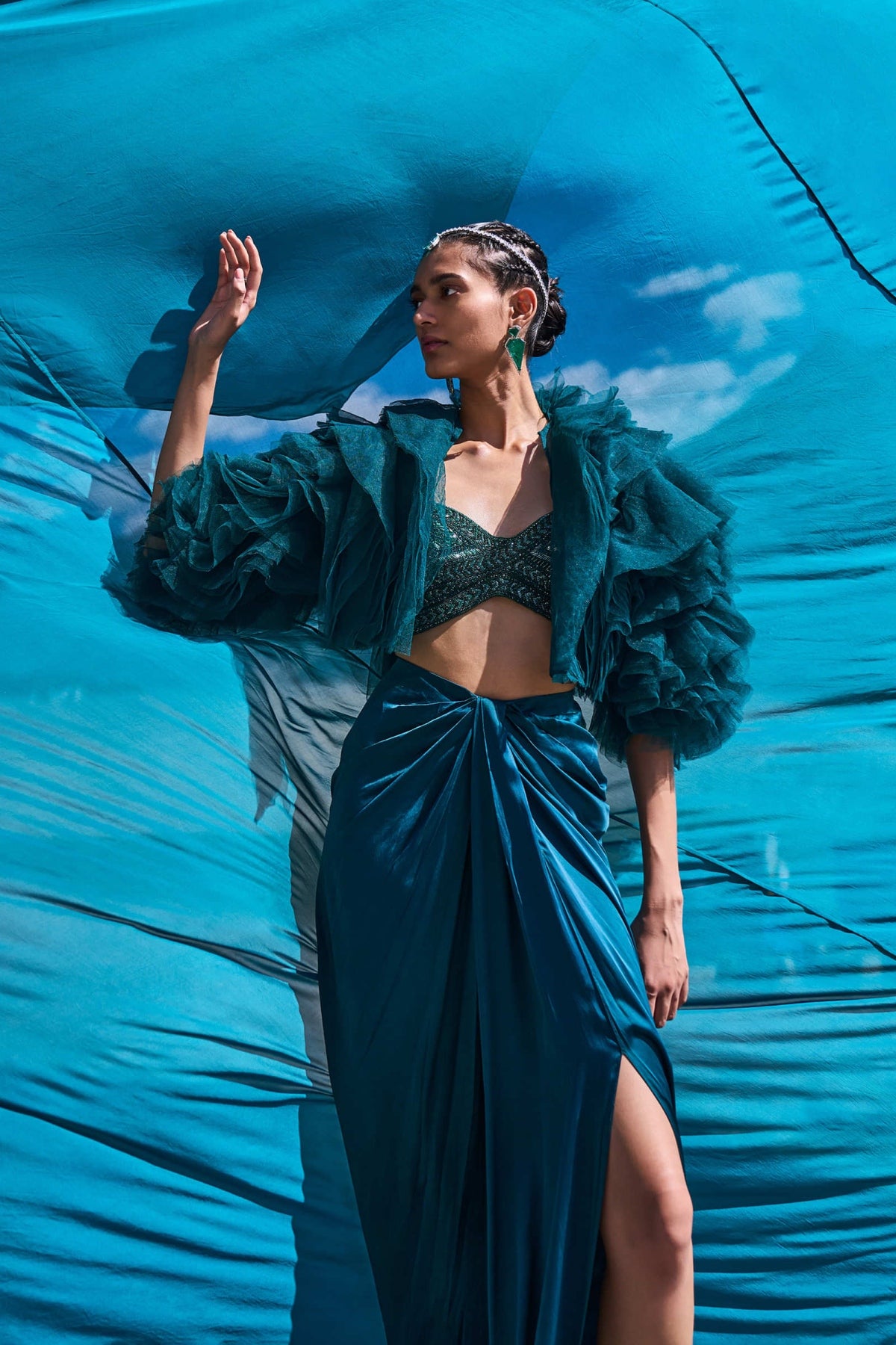 Peacock Green Satin Pre Draped Skirt Set With Ruffle Jacket