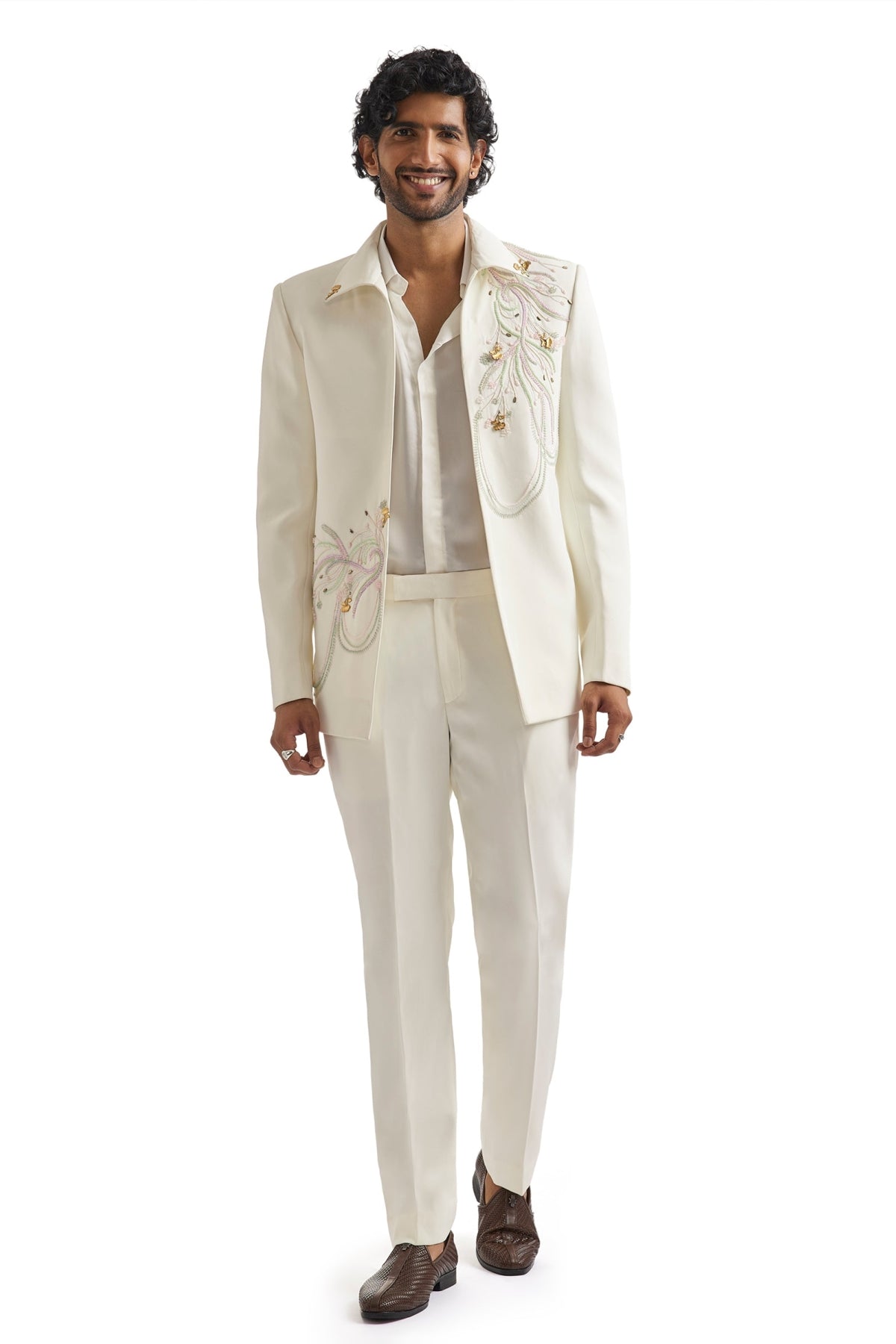 White Embroidered Tuxedo Set With Organza Satin Shirt
