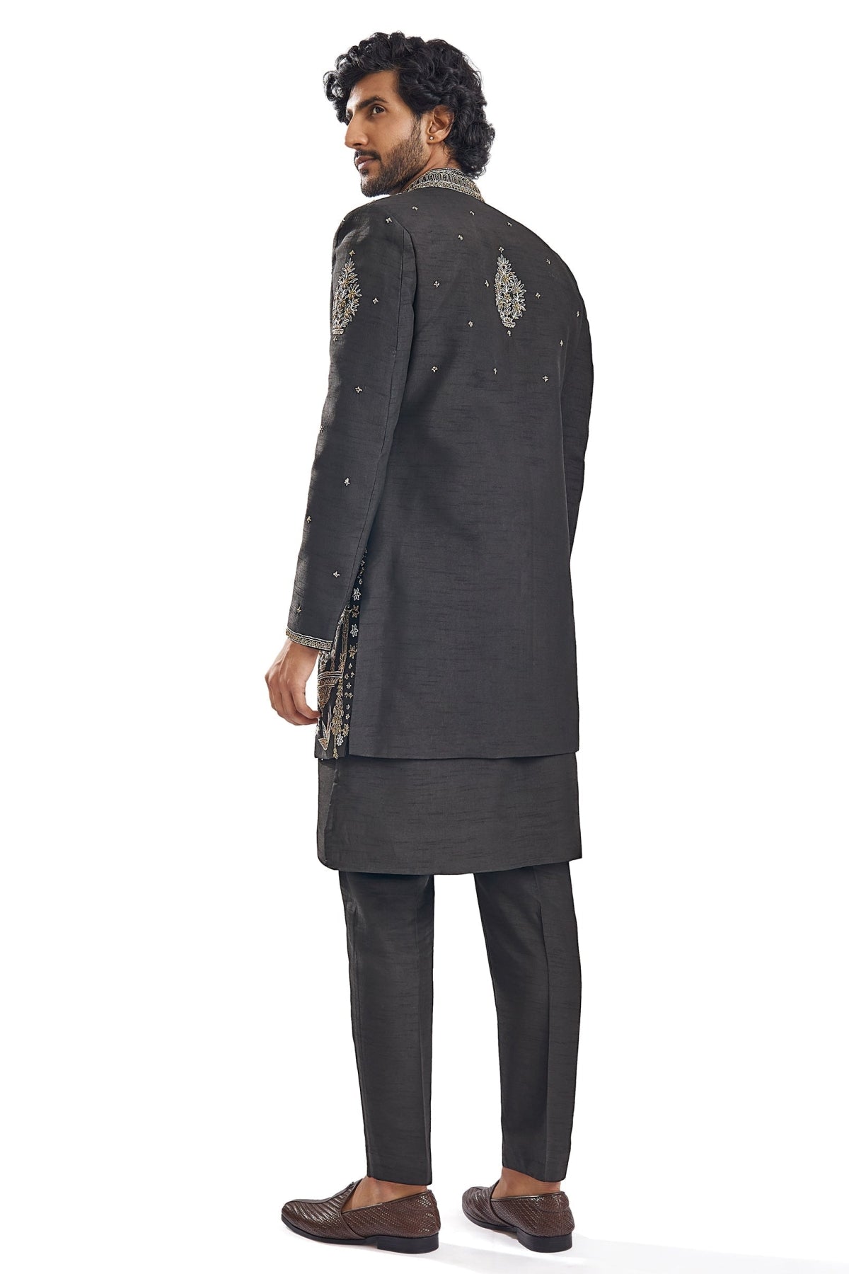 Black Cut Dana Thread Work Groomsman Sherwani