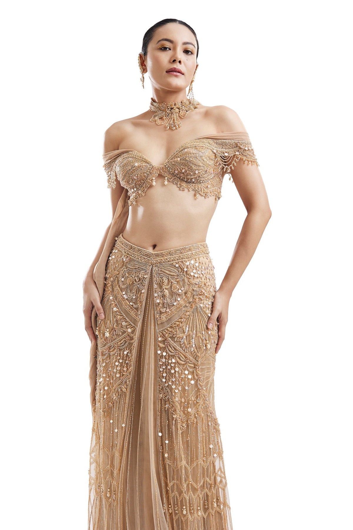 Gold Drape Skirt Set With Off-Shoulder Blouse
