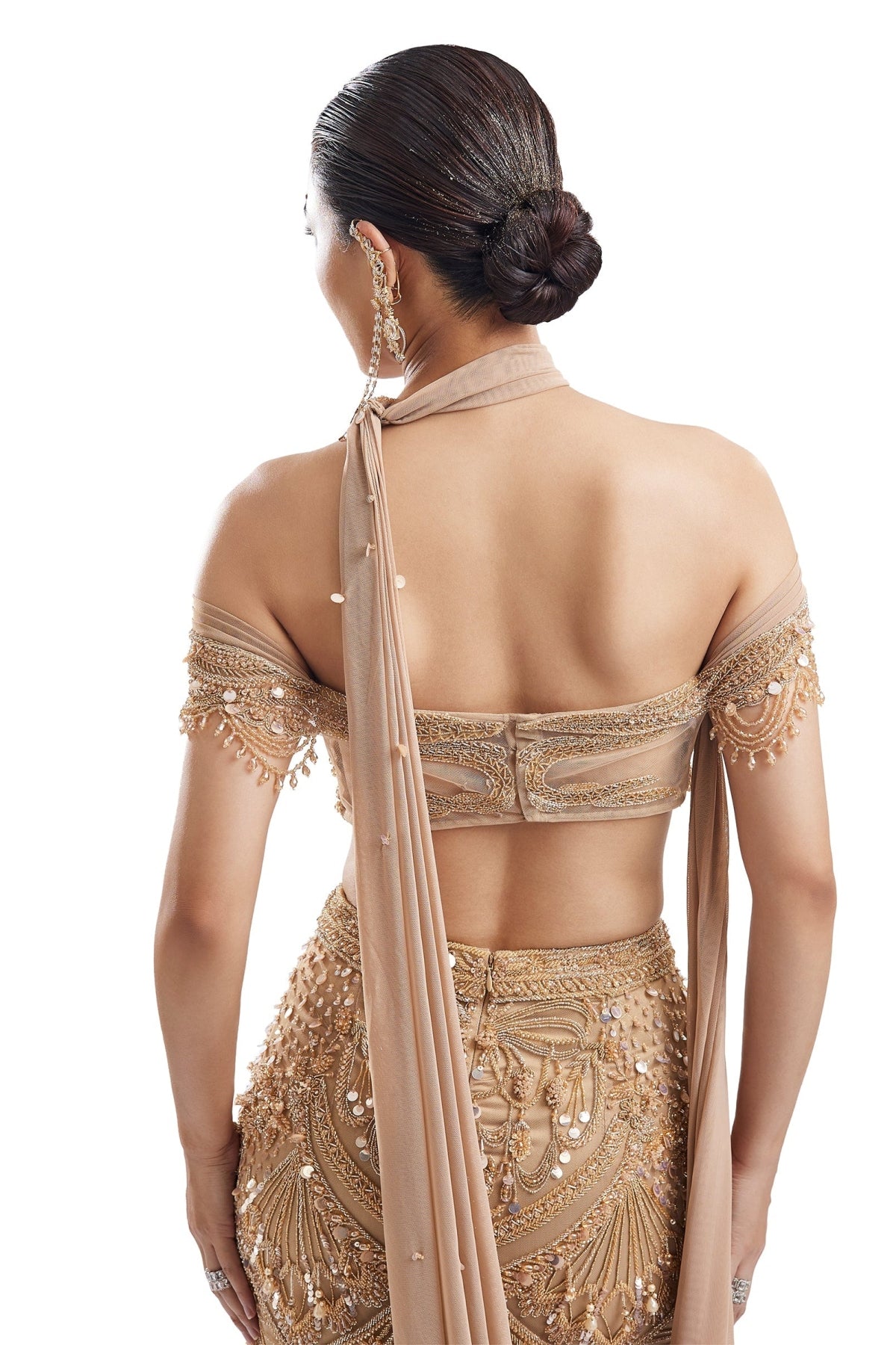 Gold Drape Skirt Set With Off-Shoulder Blouse