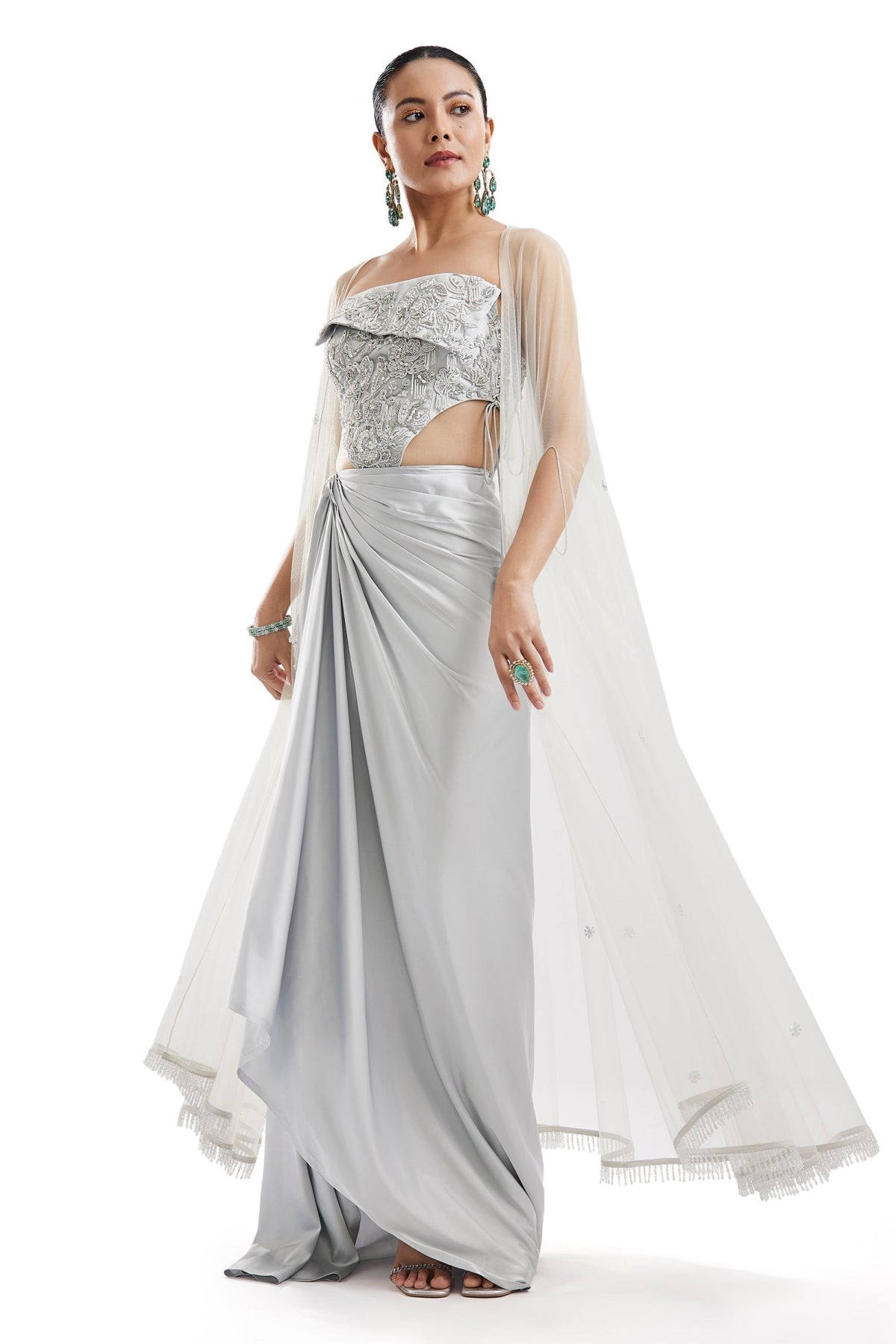 Sky Blue Embellished Cape Skirt Set