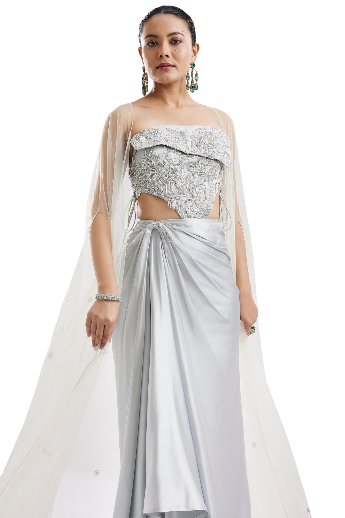 Sky Blue Embellished Cape Skirt Set
