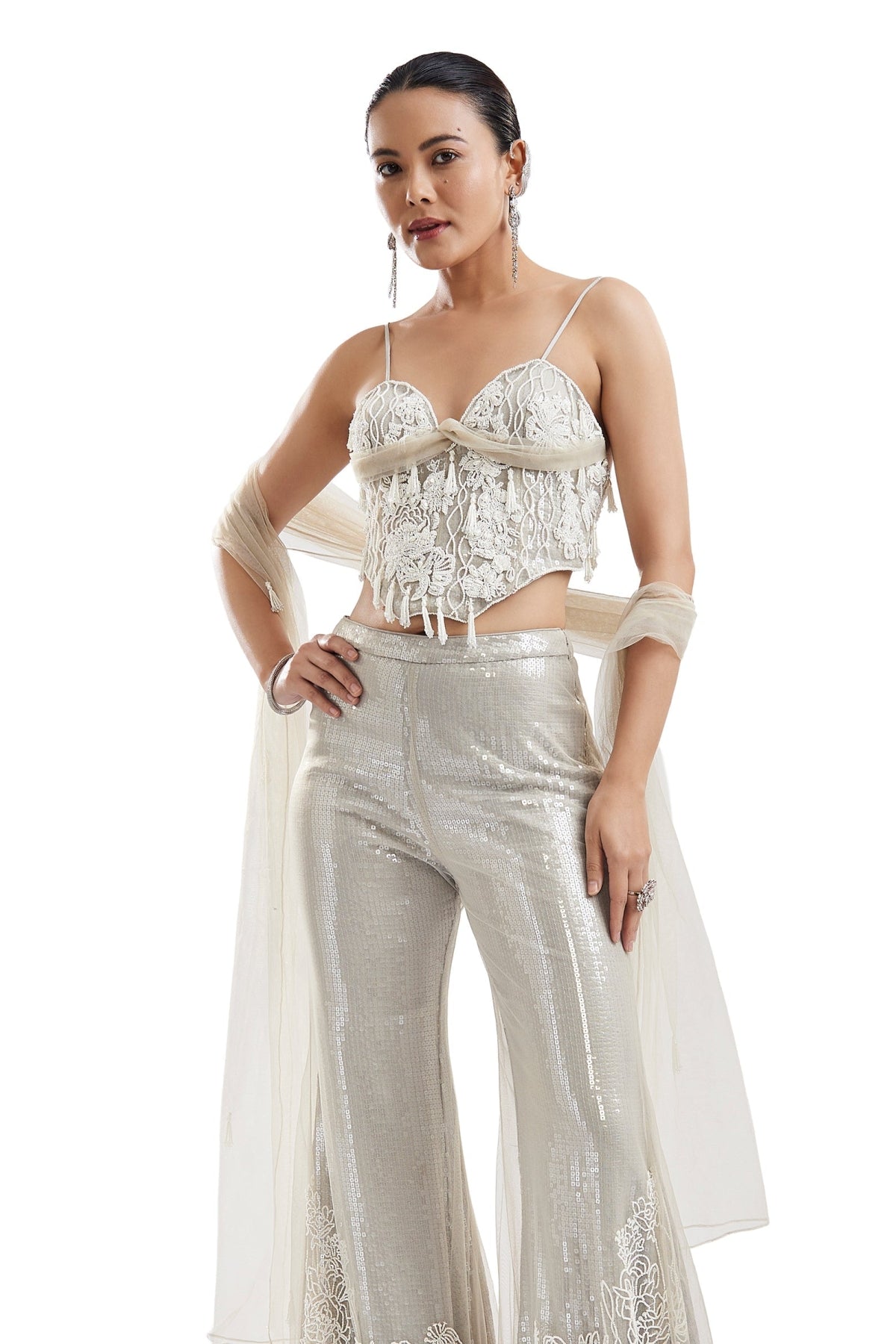 Silver Embellished Bell Bottom Set With Dupatta