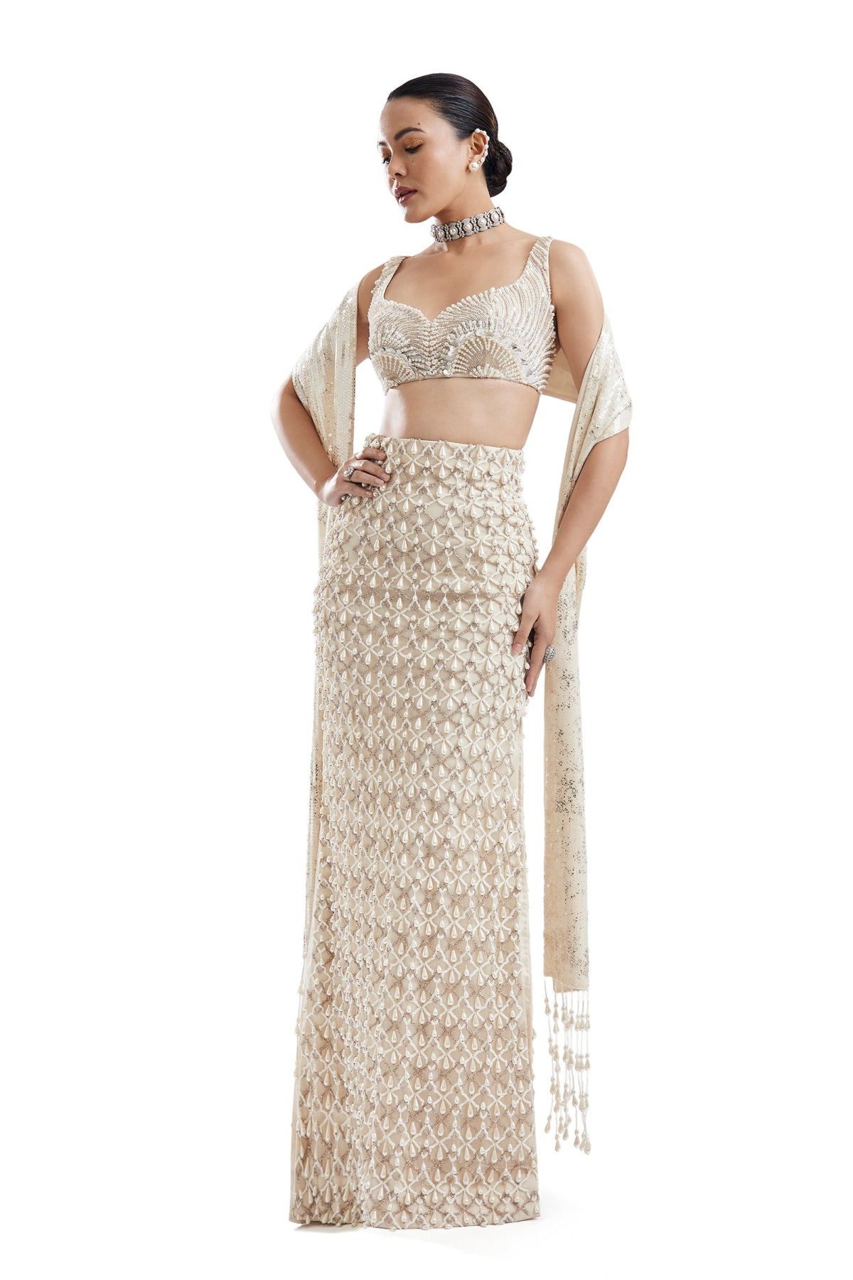 Ivory Sweetheart Neck Lehenga With Stole Dupatta