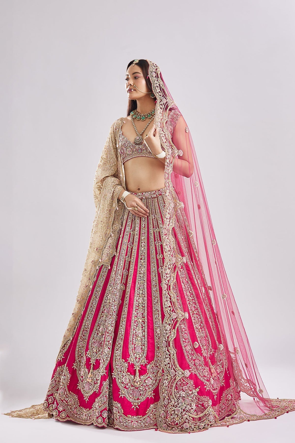 Hot Pink Self Gold Embroidery Bridal Set