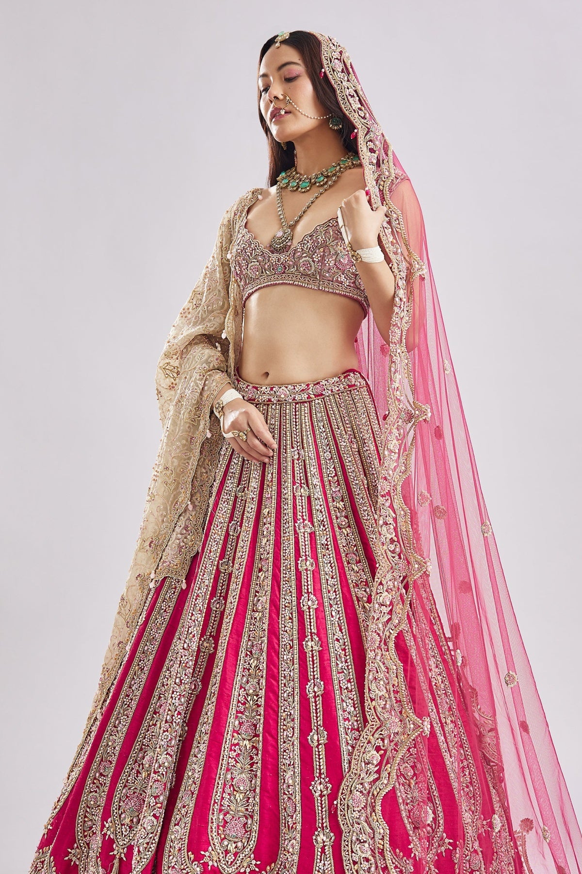 Hot Pink Self Gold Embroidery Bridal Set