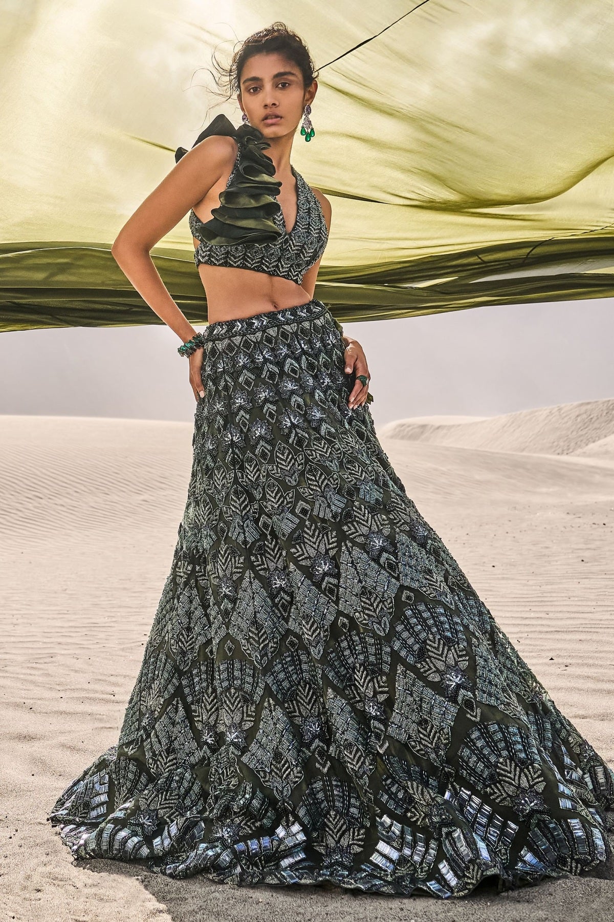Dark Olive Green 3D Embroidered Lehenga Set With One Side Ruffle Trail