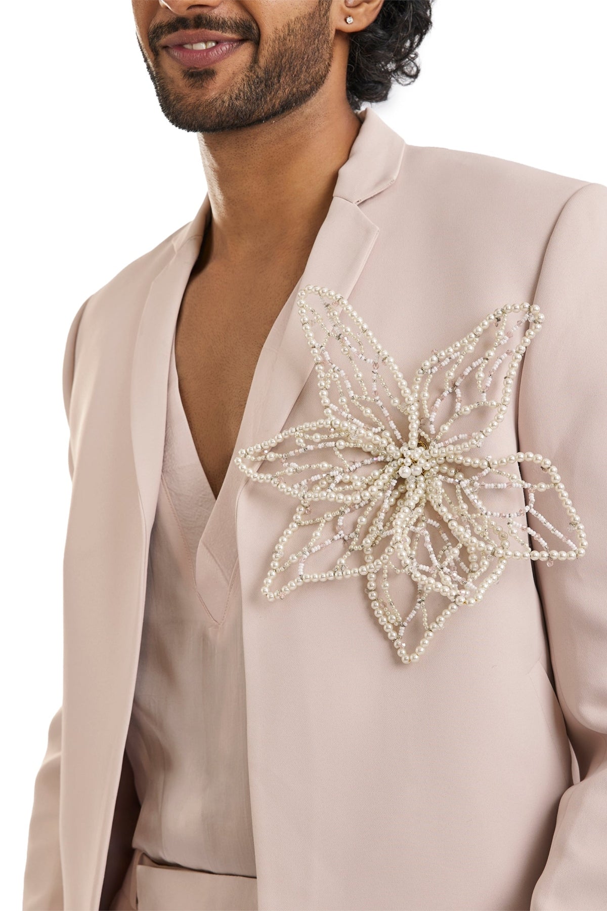 Pink Tuxedo Set With Pearl Floral Embroidery